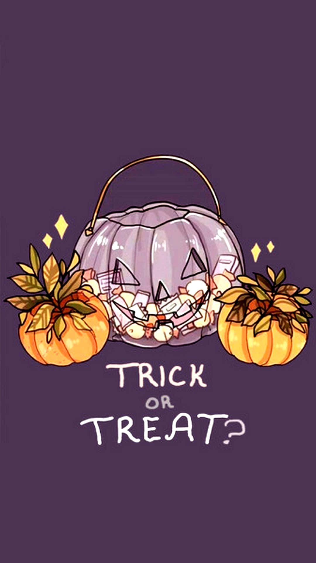 Pumpkin Halloween 桌布 壁紙 — 一個紫色傑克南瓜燈糖果桶，裝滿了零食，兩側有橙色南瓜，背景是深紫色。