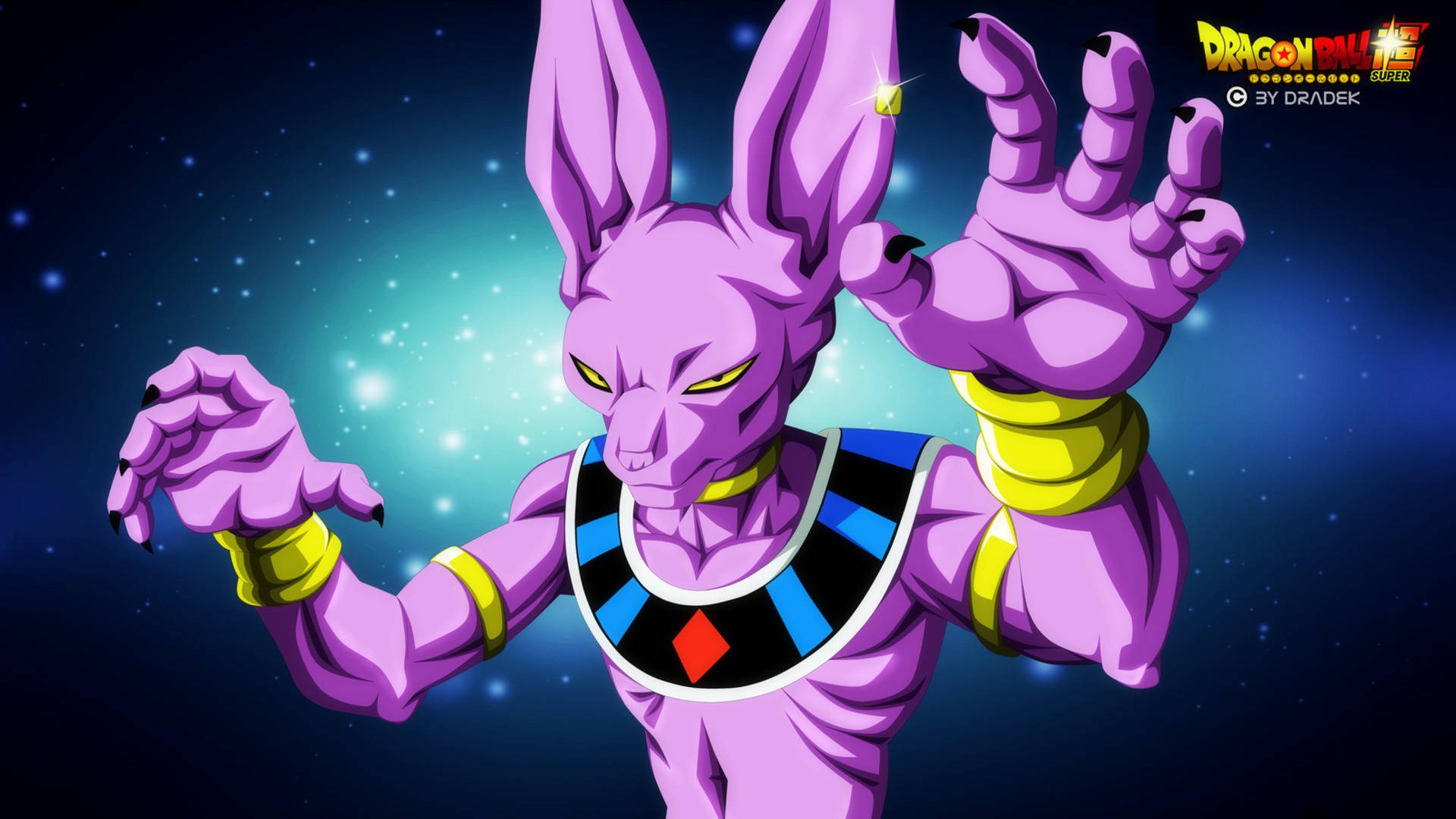 Beerus 桌布 壁紙 — 一個紫色兔子般的動漫角色，有黃色眼睛和金色手鐲，在星光宇宙背景下強勢站立。