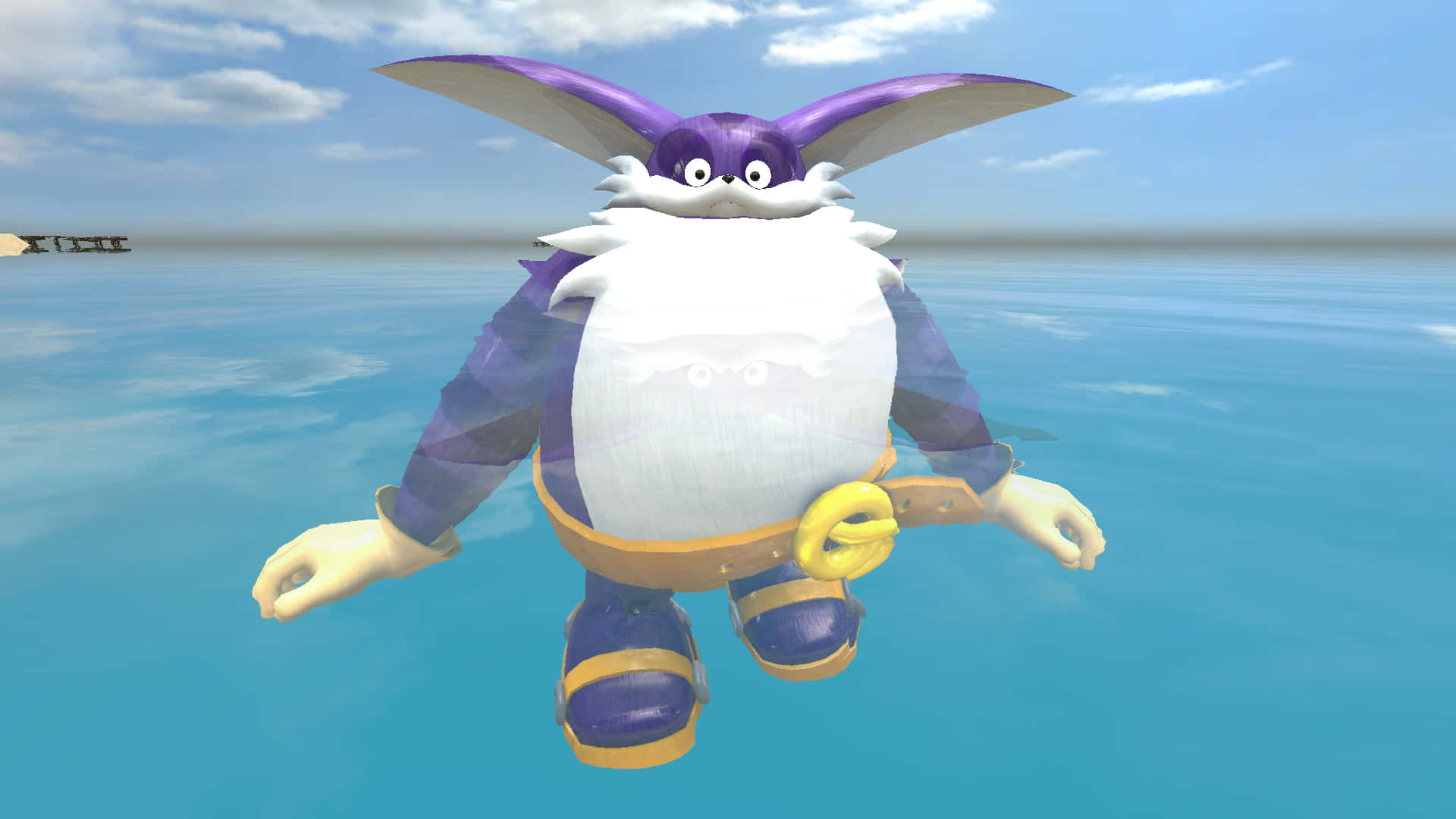 Big The Cat 桌布 壁紙 — 一個紫色兔子角色，有白色鬍鬚，在晴朗的天空下平靜地漂浮在藍色水面上。