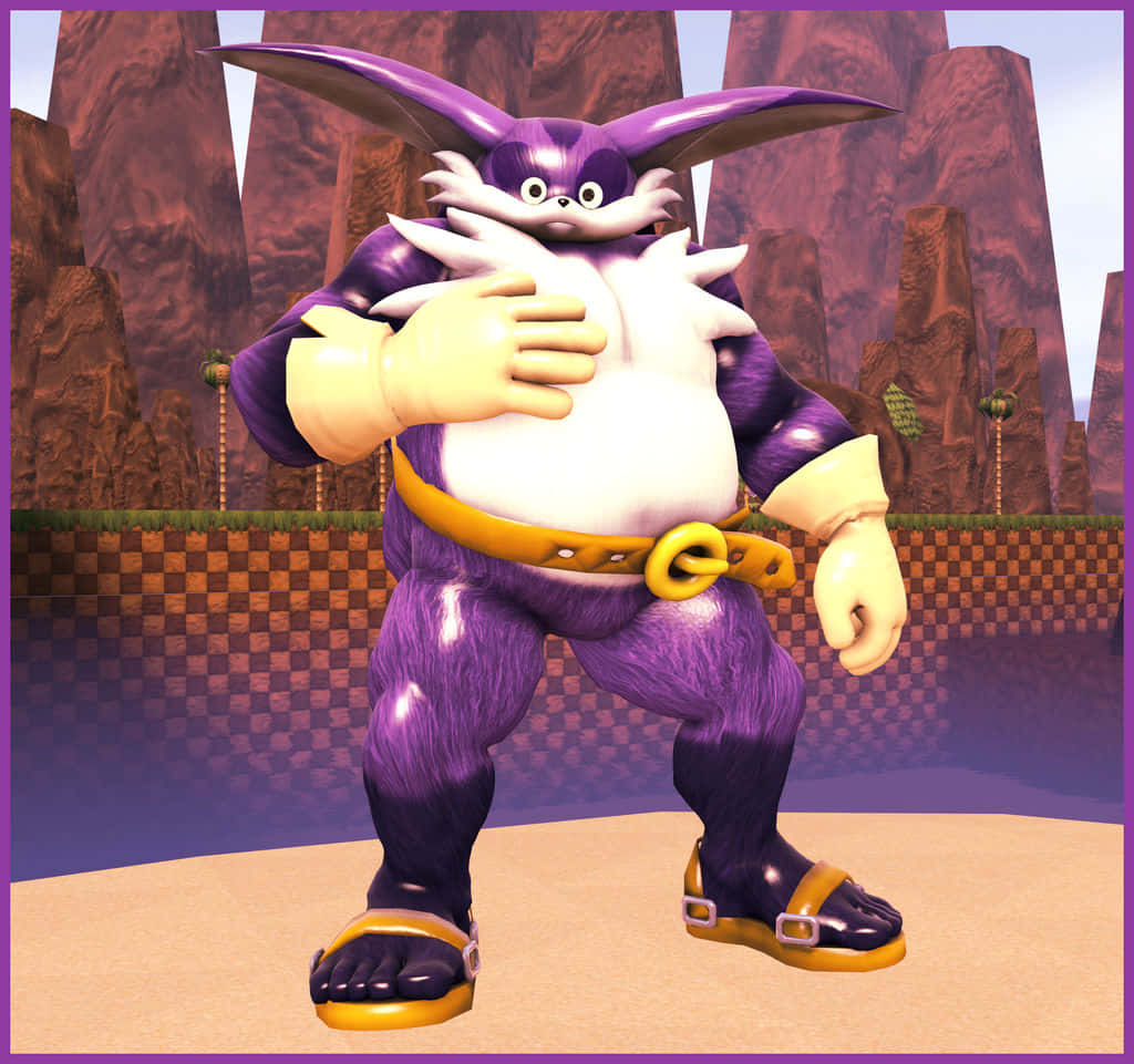Big The Cat 桌布 壁紙 — 一個紫色兔子角色，白色胸口和黃色腰帶，自信地站在岩石沙漠景觀中。