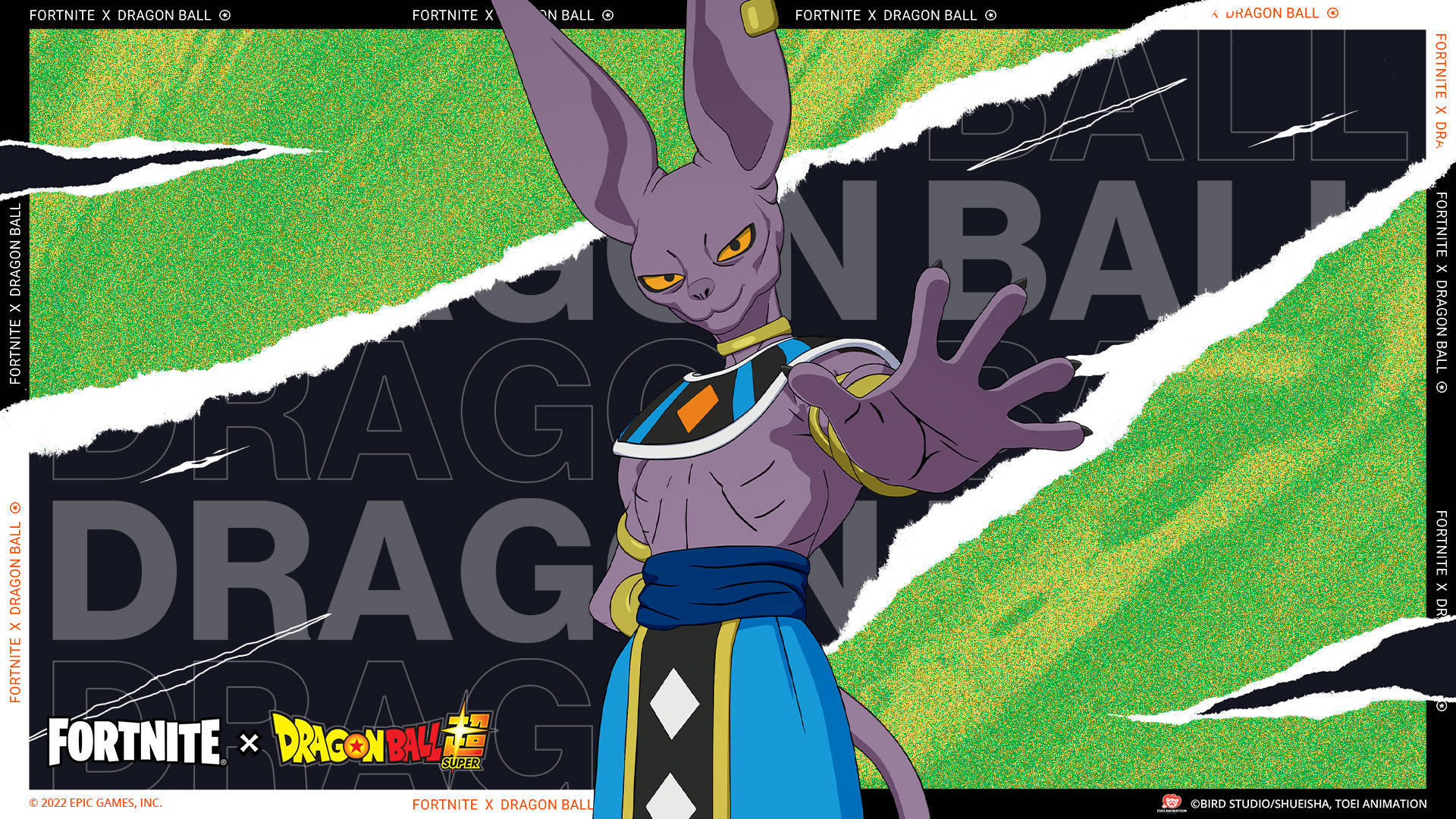 Beerus 桌布 壁紙 — 一個紫色兔形動漫角色，黃色眼睛，身穿藍色服裝，站在帶有 'DRAGON BALL' 文字的撕裂綠色和黑色背景前。