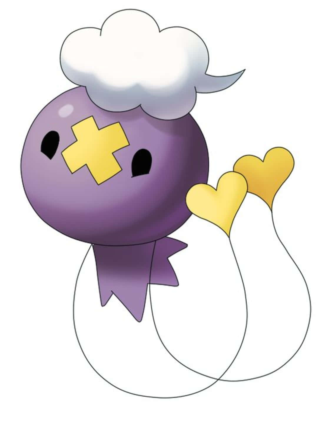 Pokemon Aesthetic 桌布 壁紙 — 一個紫色卡通鬼魂，白色雲朵頭部和黃色心形手，正在愉快地揮手。