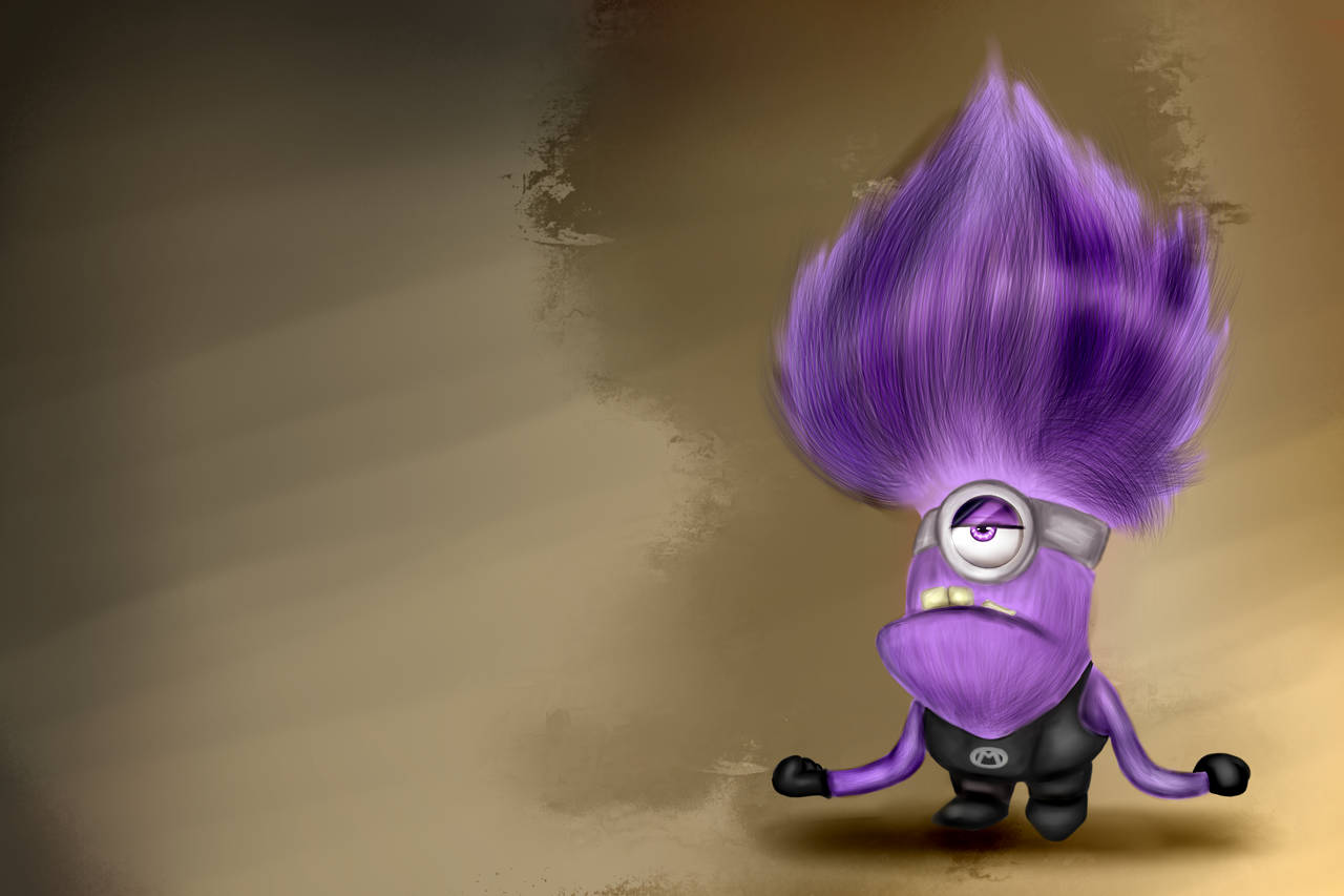 Evil Minion 桌布 壁紙 — 一個紫色單眼小小兵，頭髮凌亂，站在有紋理的棕色背景前。