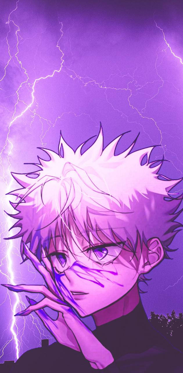 Cool Killua 桌布 壁紙 — 一個紫色天空背景下，身後有閃電劈啪作響的紫色眼睛刺蝟頭動漫角色。