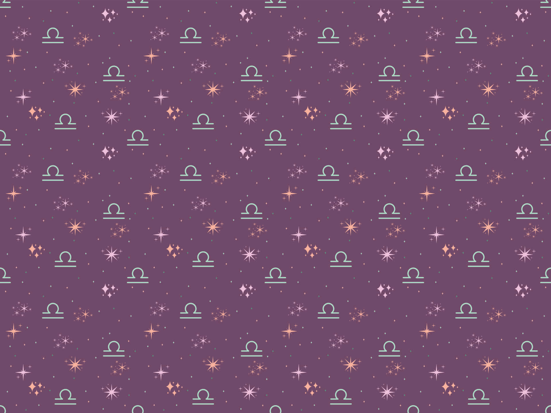 Galaxy Poster 桌布 壁紙 — 一個紫色宇宙風格壁紙圖案，帶有重複的天秤座星座符號和粉紅色及白色的閃爍星星。
