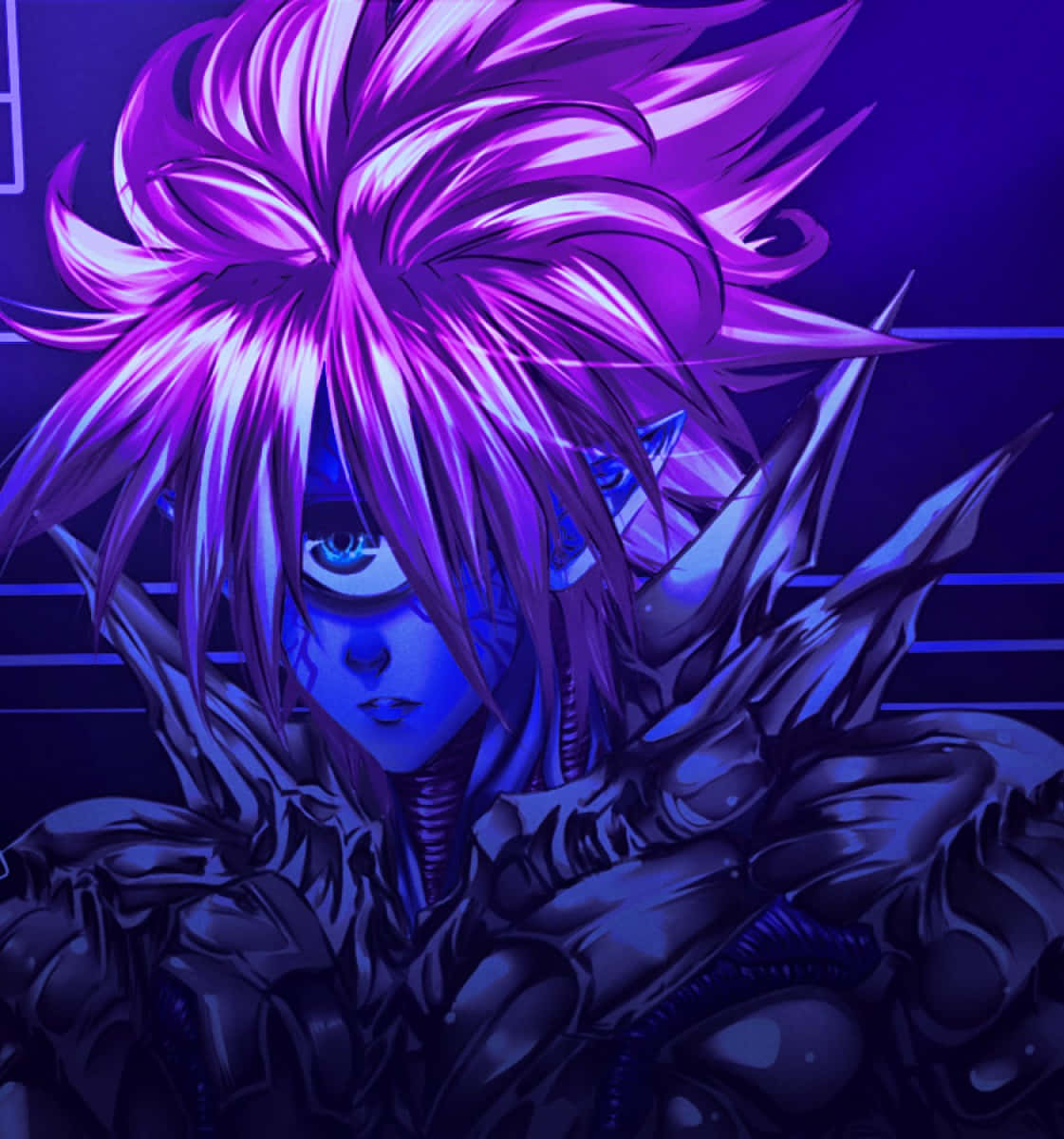 Lord Boros 桌布 壁紙 — 一個紫色尖刺頭髮、藍色發光眼睛的賽博龐克動漫角色，在紫色霓虹燈光下穿著裝甲裝備。