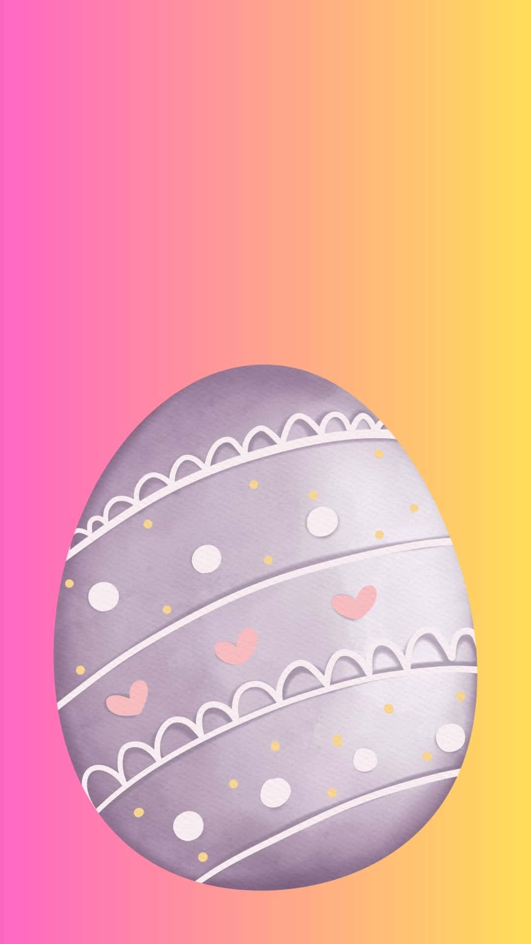 Easter Egg 桌布 壁紙 — 一個紫色復活節蛋，帶有白色蕾絲邊、粉紅色心形和金色圓點，置於充滿活力的粉紅到黃色漸變背景上。