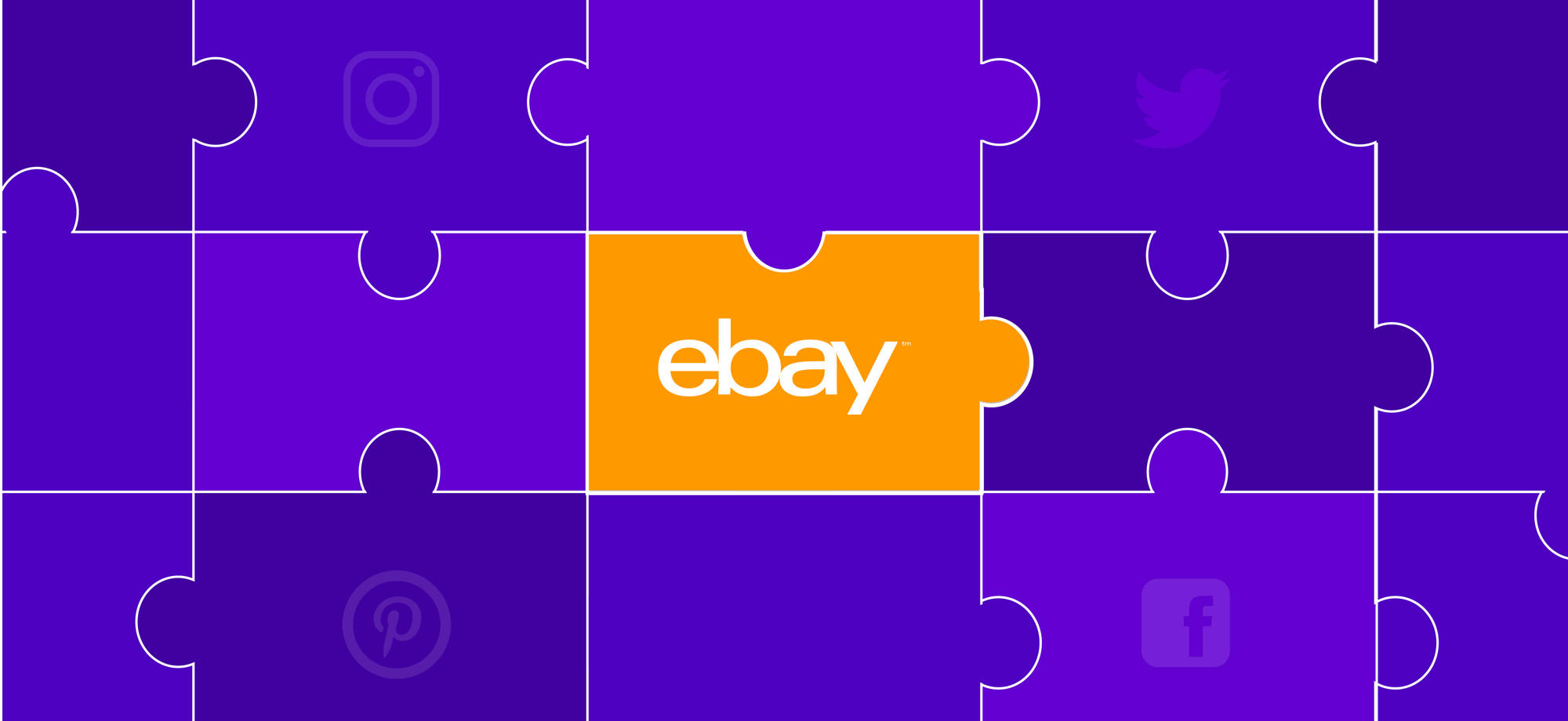 eBay 桌布 壁紙 — 一個紫色拼圖，帶有社交媒體圖示和中央的橙色 eBay 拼塊。