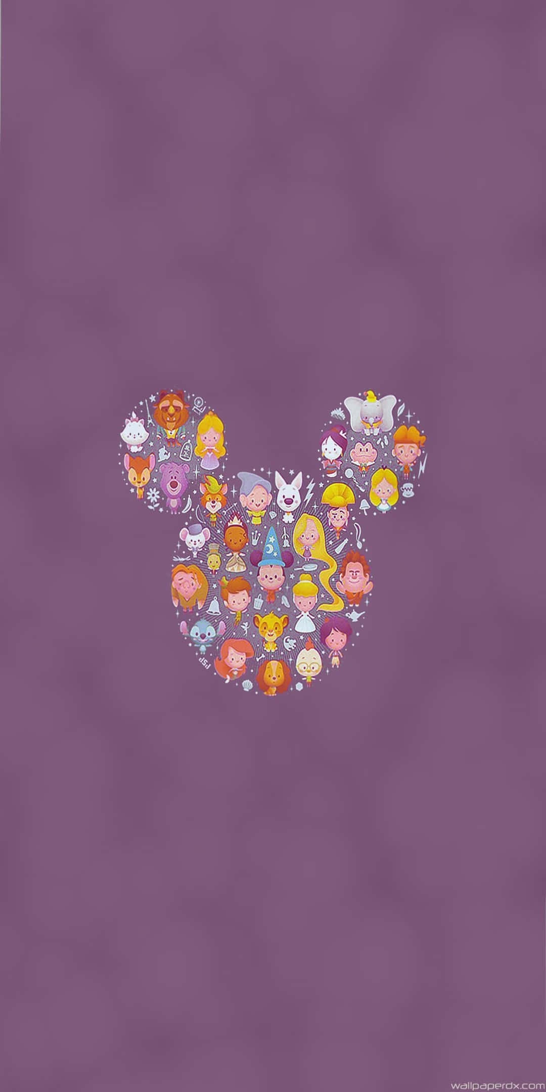 Pixel 3 Disney 桌布 壁紙 — 一個紫色桌布，上面有一個米奇老鼠頭部剪影，裡面充滿了色彩繽紛的迪士尼角色圖標。