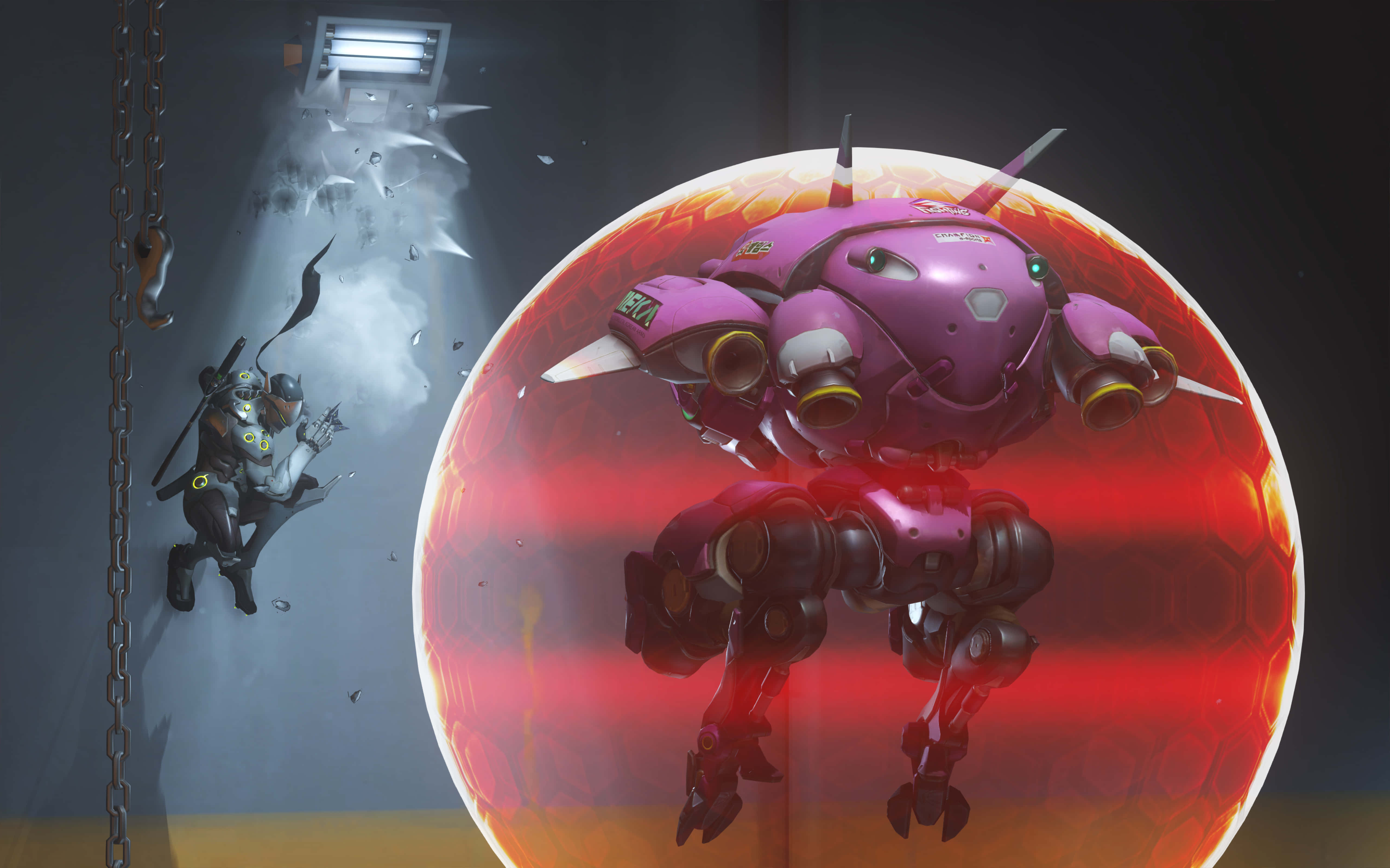 Genji 4K 桌布 壁紙 — 一個紫色機械機甲漂浮在發光的紅色球體內，而一個蒙面戰士在昏暗的工業房間中揮劍穿過煙霧。