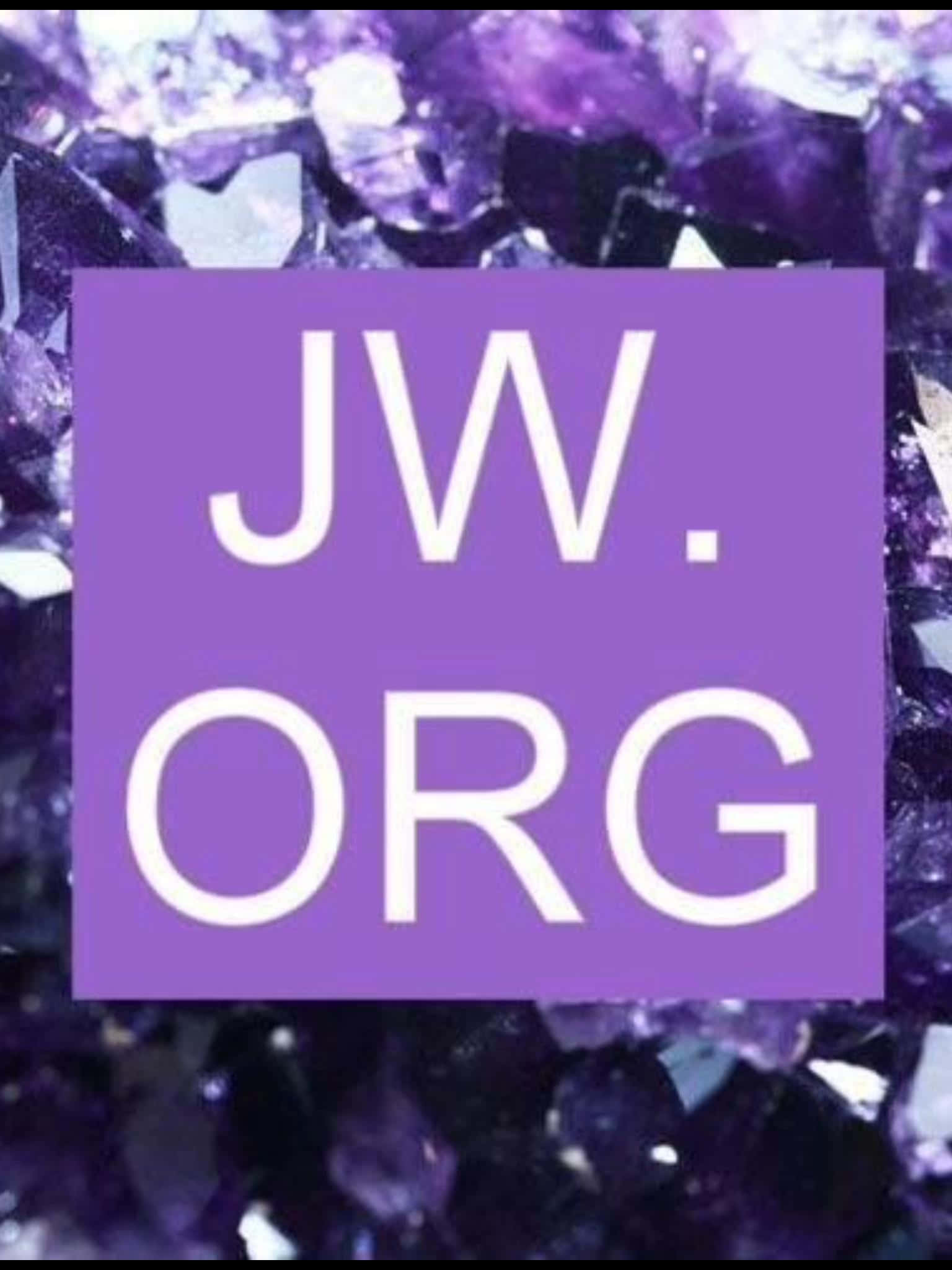 水晶 桌布 壁紙 — 一個紫色正方形，中央有白色文字 JW.ORG，背景是閃閃發光的紫水晶晶體。