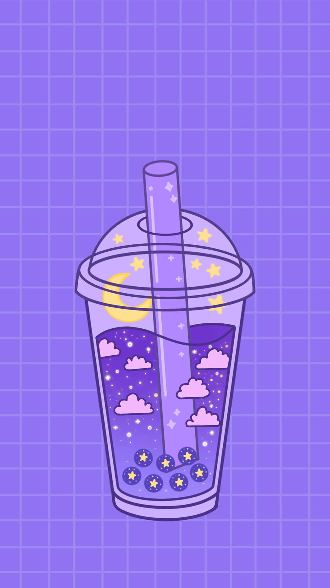 Boba 桌布 壁紙 — 一個紫色泡泡茶杯，裝滿星星、雲朵和彎月，背景為網格。