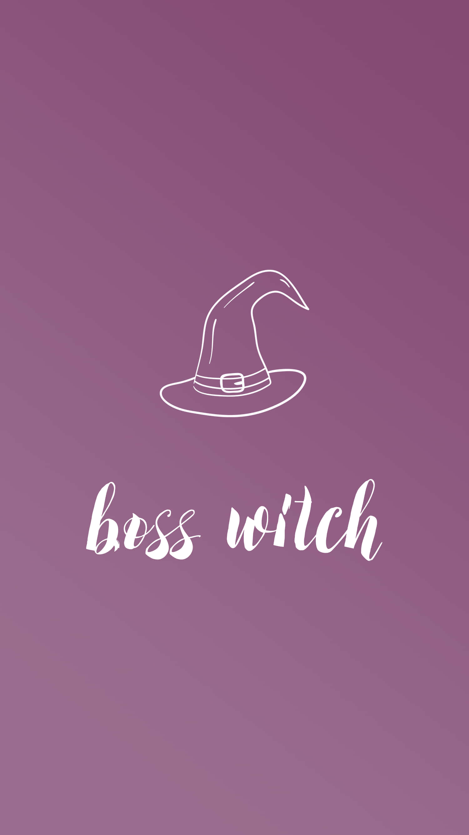Witchy Phone 桌布 壁紙 — 一個紫色漸變背景上的簡約白色線條女巫帽，帶有「boss witch」文字。