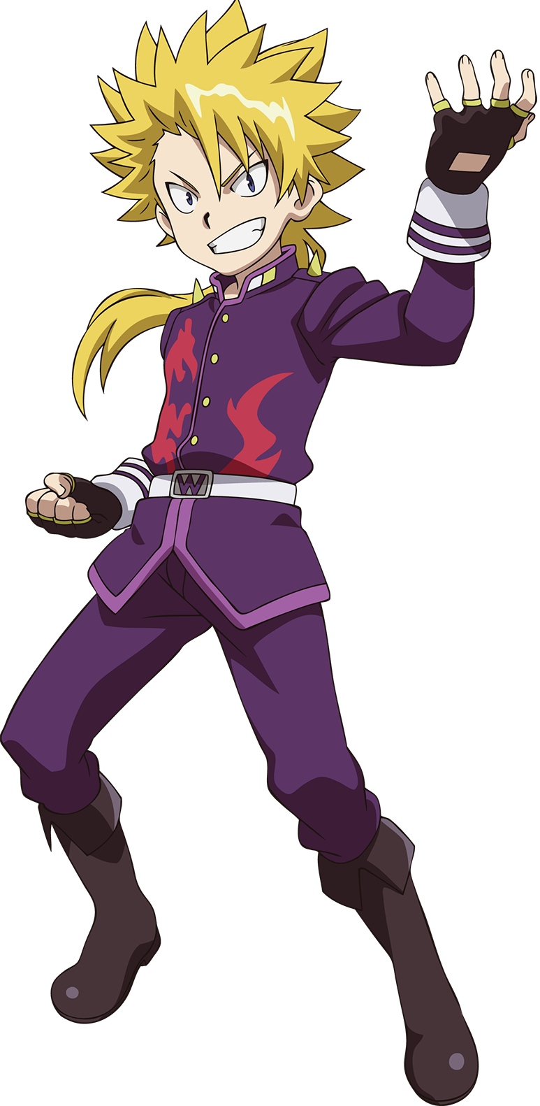 Beyblade 桌布 壁紙 — 一個紫色火焰圖案制服、頭髮豎起的動漫男孩在黑暗背景下擺出動感姿勢。
