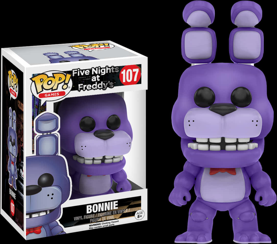 佛萊迪餐館之五夜驚魂 桌布 壁紙 — 一個紫色的 Funko Pop! Bonnie 來自《Five Nights at Freddy's》的乙烯基公仔，站在黑色背景前的盒裝包裝旁邊。