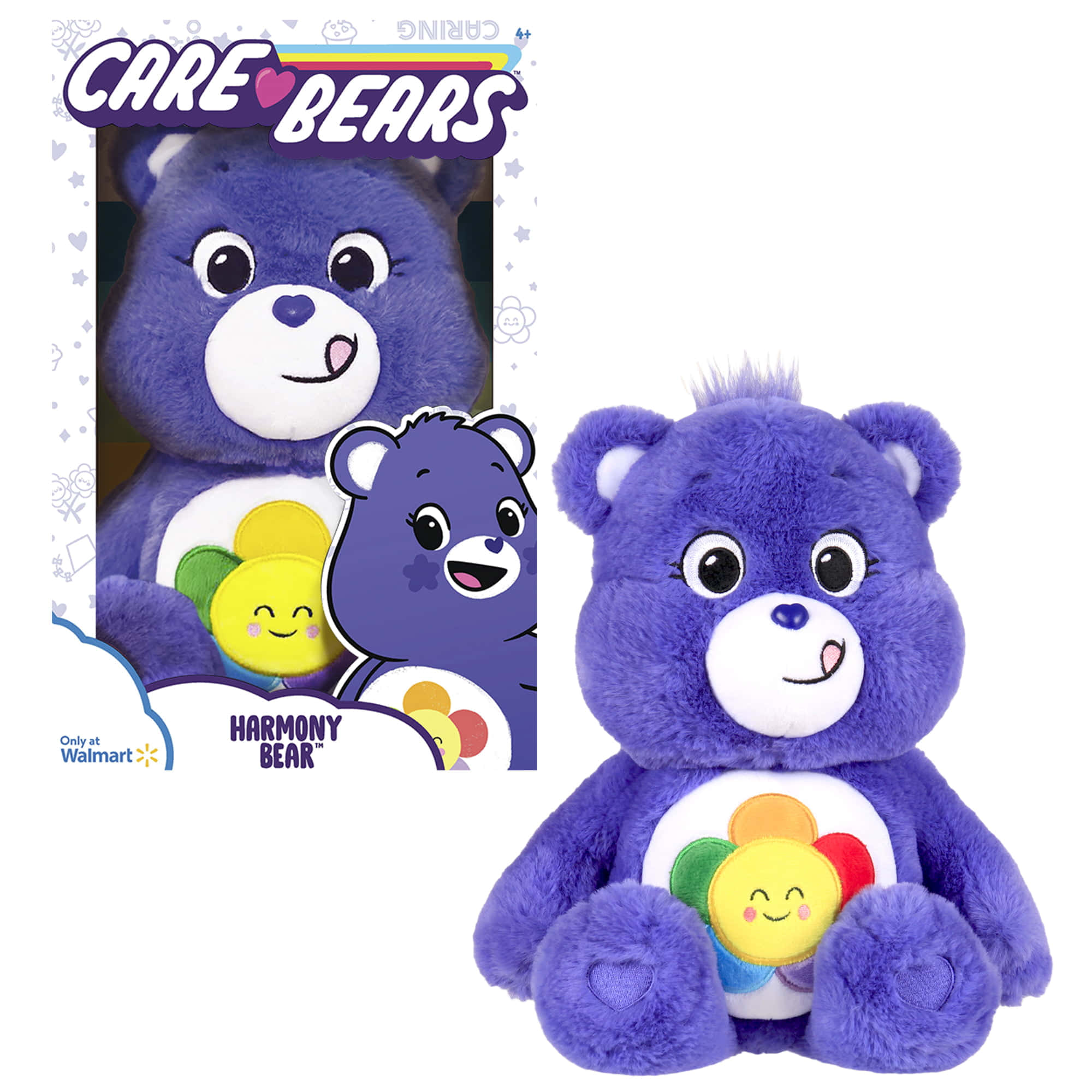 彩虹熊 桌布 壁紙 — 一個紫色的 Harmony Bear 毛絨玩具坐在其色彩繽紛的 Care Bears 包裝旁邊，背景是純白色。