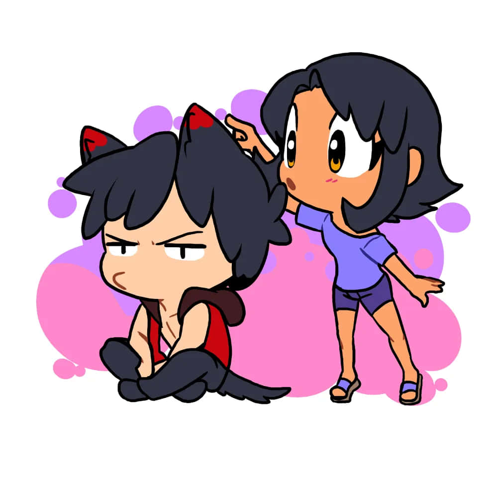 Aphmau 桌布 壁紙 — 一個紫色的Q版動漫女孩輕輕觸摸一個紅色、有貓耳、不高興的男孩的頭，背景是粉紅和紫色的泡泡。