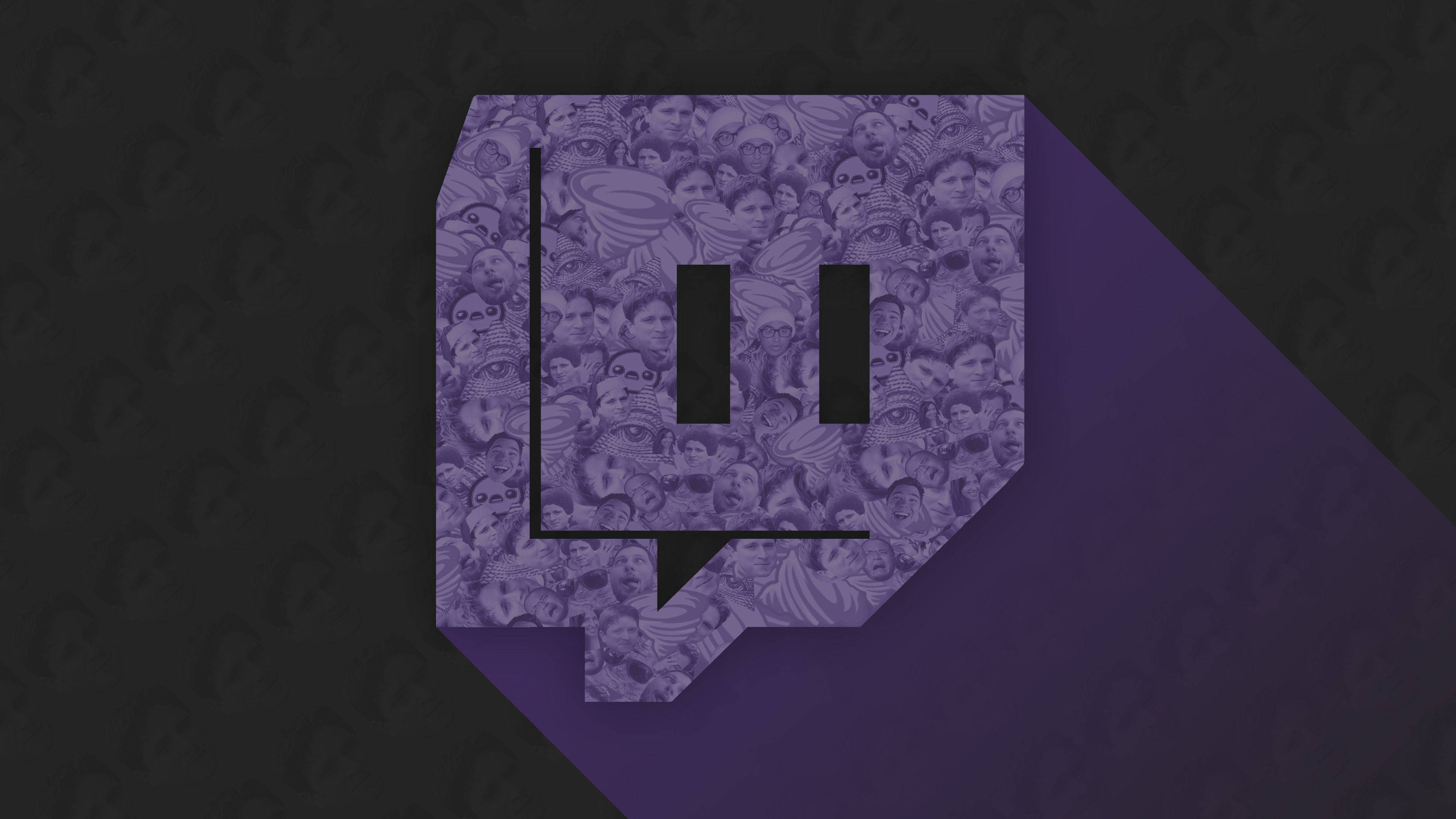 Twitch 桌布 壁紙 — 一個紫色的Twitch標誌，充滿人群面孔，在深色背景上投下長長的陰影。