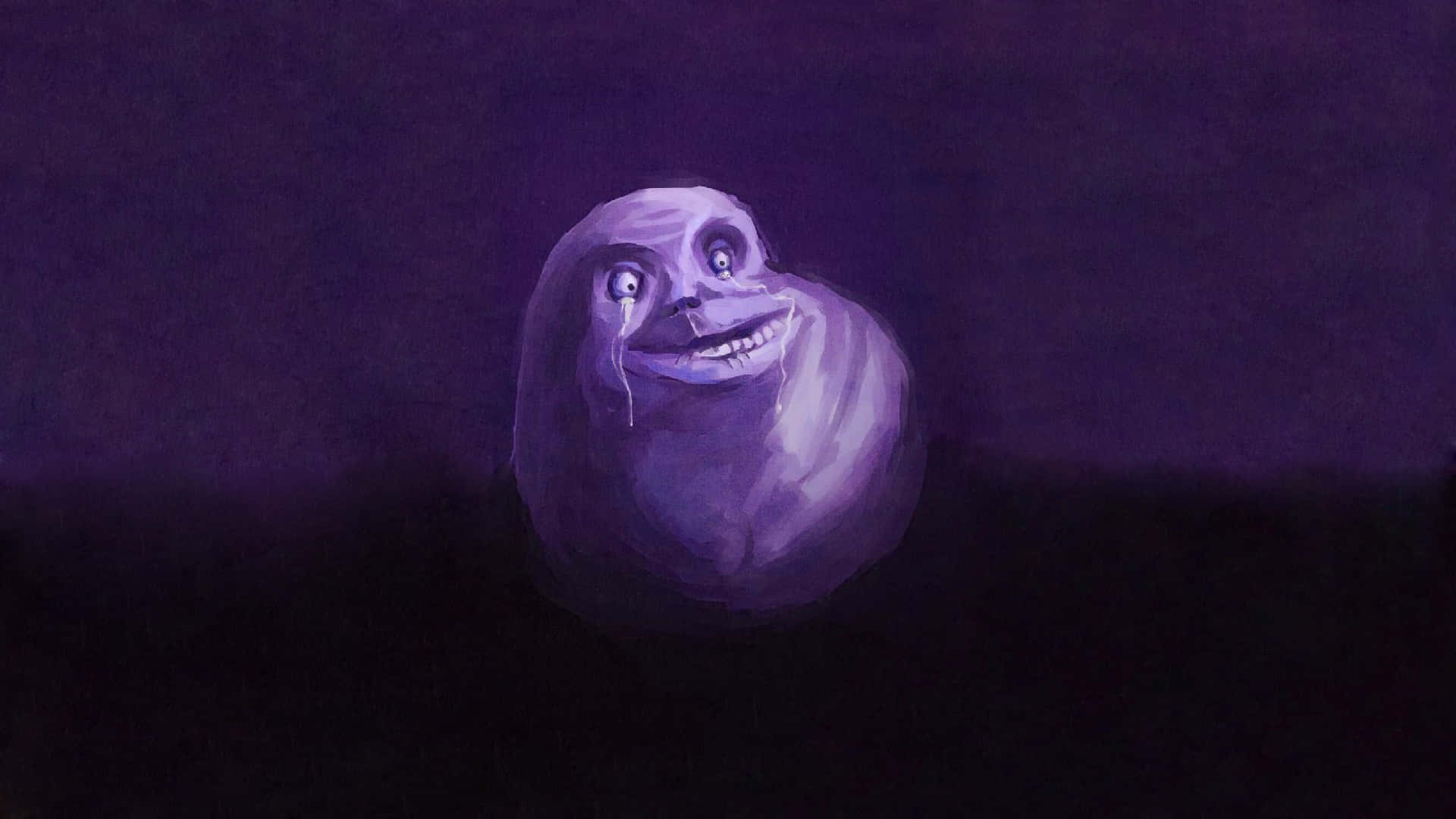 Memes 桌布 壁紙 — 一個紫色的哭泣臉，帶著寬闊的笑容和從眼睛滴落的淚水，在深色背景上。