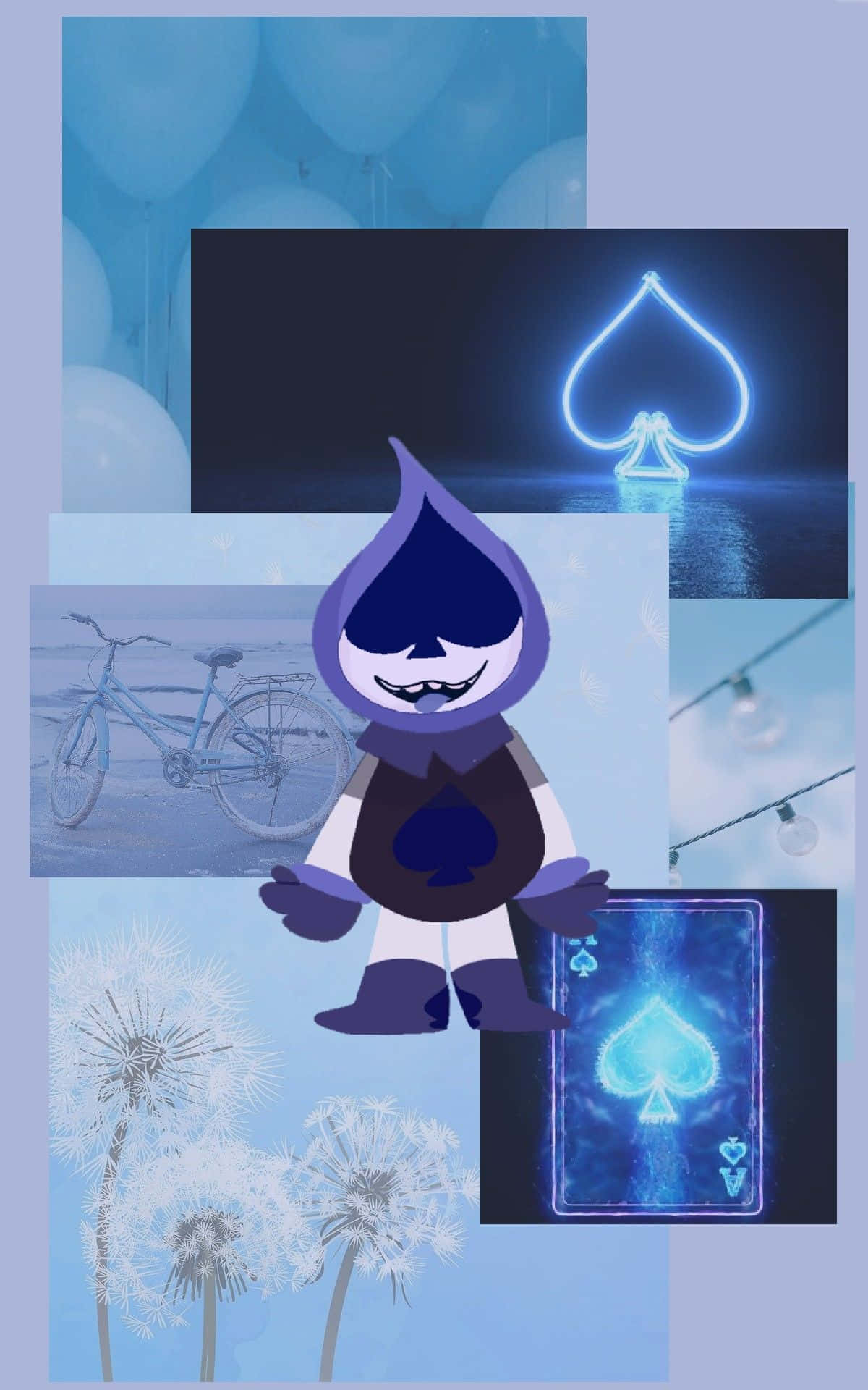 Deltarune 桌布 壁紙 — 一個紫色的黑桃符號站在藍色氣球、腳踏車、蒲公英和發光黑桃符號的拼貼中央。