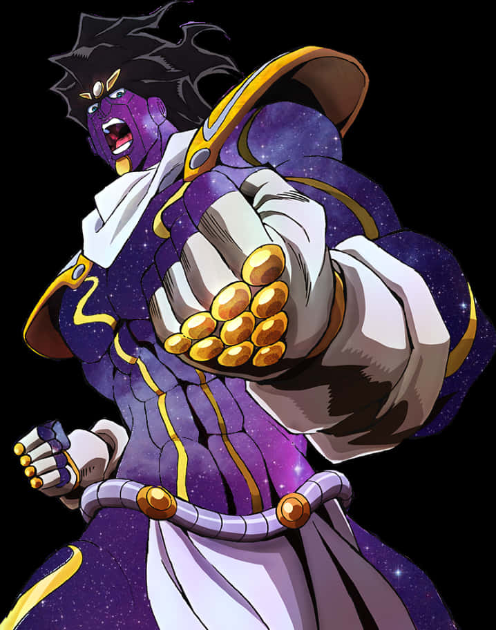 Star Platinum 桌布 壁紙 — 一個紫色皮膚、帶有星點肌膚和金色點綴的動漫角色，握緊拳頭包裹著發光球體向前指著並咆哮。