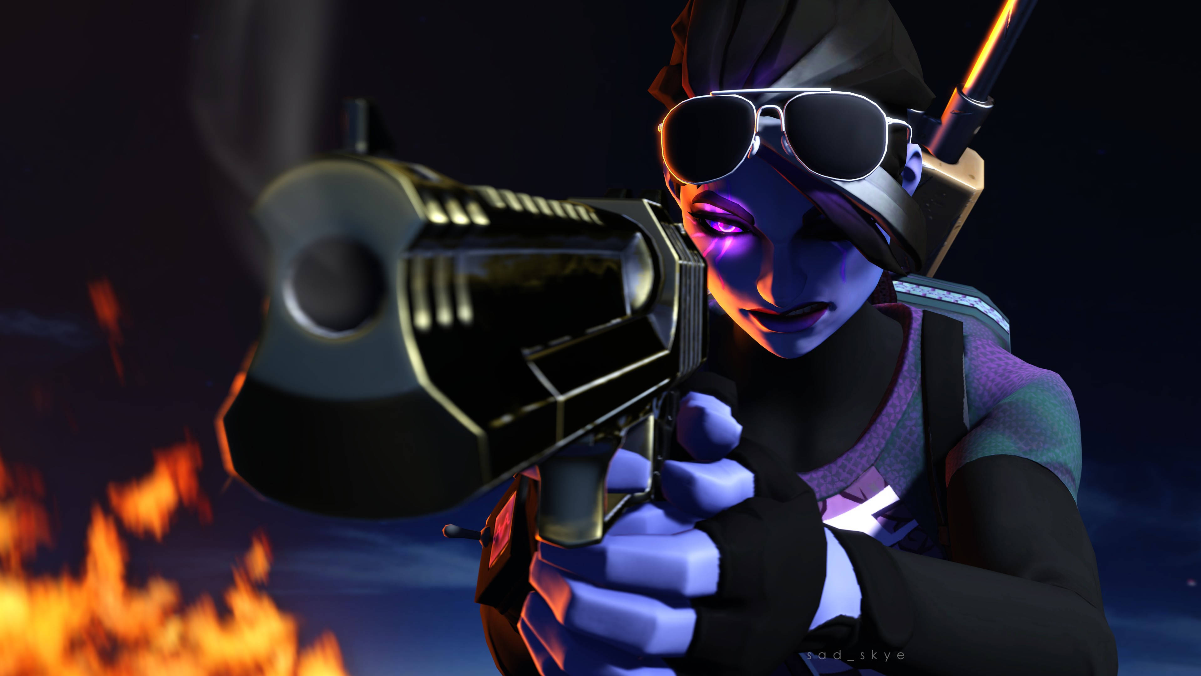 Fortnite 桌布 壁紙 — 一個紫色皮膚、戴著護目鏡的賽博龐克角色，在黑暗的天空下，對著熾熱的背景瞄準一把冒煙的槍。