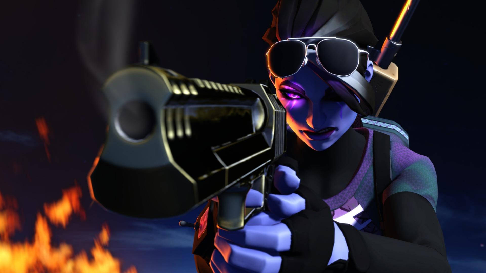 Fortnite 桌布 壁紙 — 一個紫色皮膚、戴著護目鏡的賽博龐克角色，在火焰背景前瞄準一把冒煙的槍。