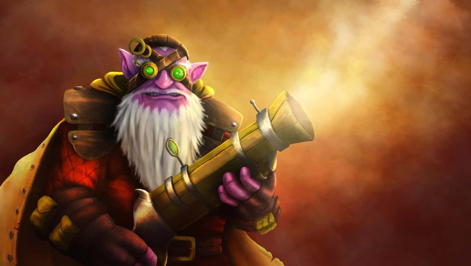 Dota 2 Sniper 桌布 壁紙 — 一個紫色皮膚、擁有發光綠色眼睛和白色鬍鬚的哥布林發明家，在熾熱的橙色和紅色煙霧背景下揮舞著一個大型黃銅大砲。