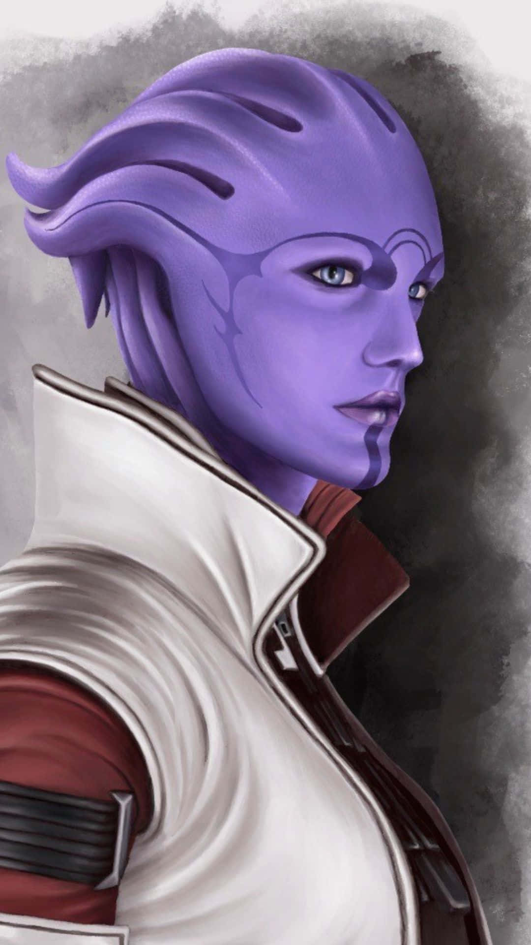 Aria T'loak 桌布 壁紙 — 一個紫色皮膚、擁有飄逸頭髮和藍色眼睛的外星人，穿著白色和紅色的裝甲外套，在煙霧般的灰色背景中側視。