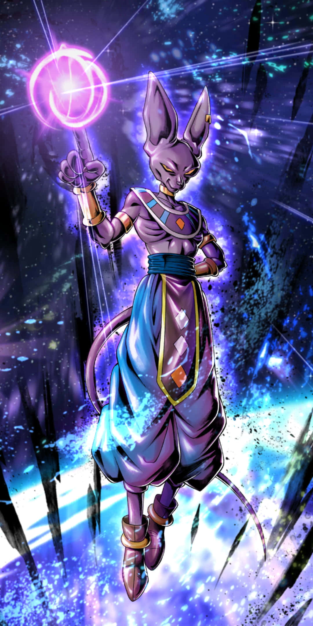 Dragon Ball Legends 桌布 壁紙 — 一個紫色皮膚、有兔耳朵的動漫角色在宇宙虛空中漂浮，揮舞著發光的粉紅色能量球。