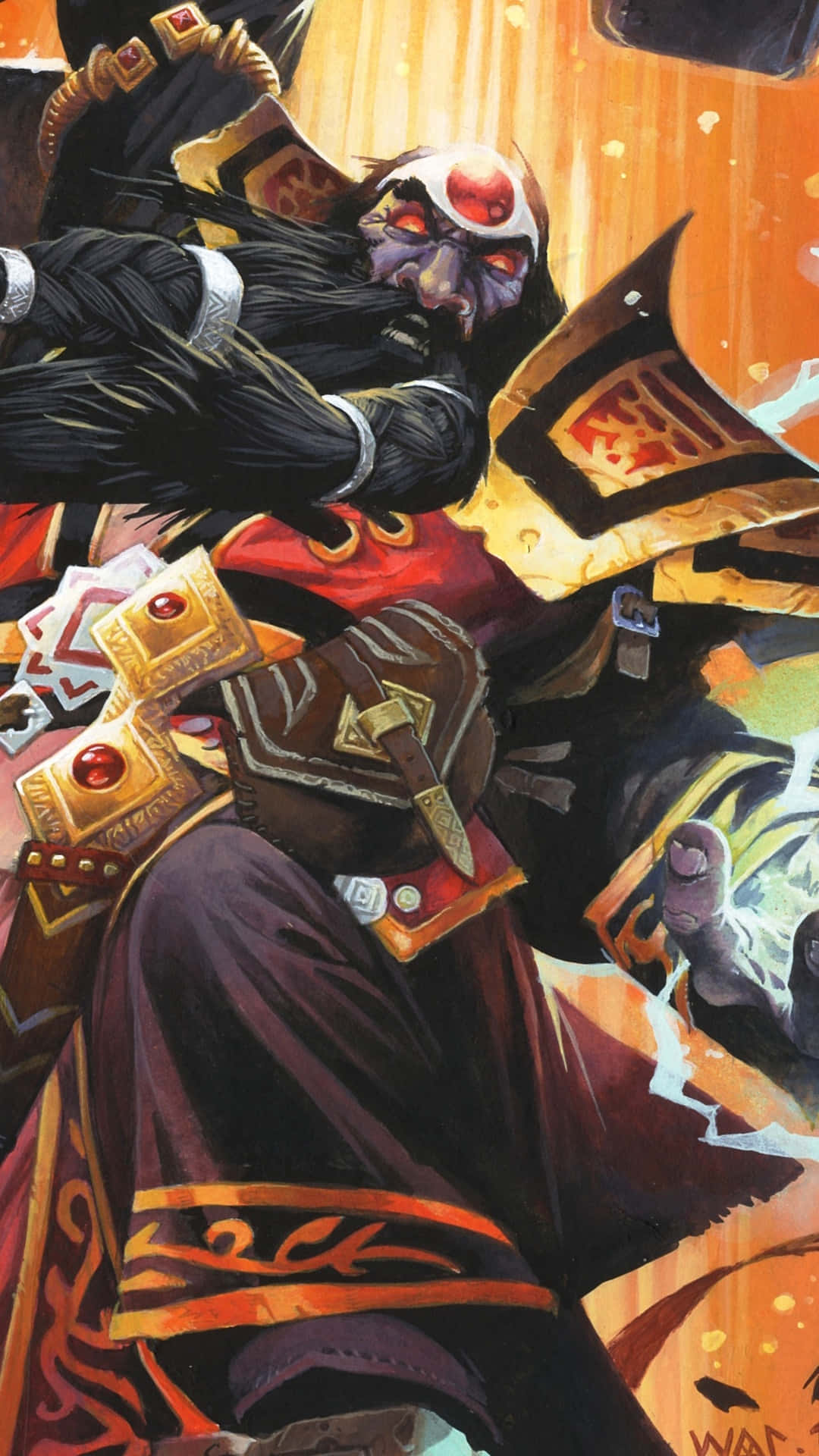 遊戲 桌布 壁紙 — 一個紫色皮膚、紅眼發光、身穿華麗金色盔甲的可怕獸人 warlord 在熾熱動態的戰鬥場景中衝鋒向前。