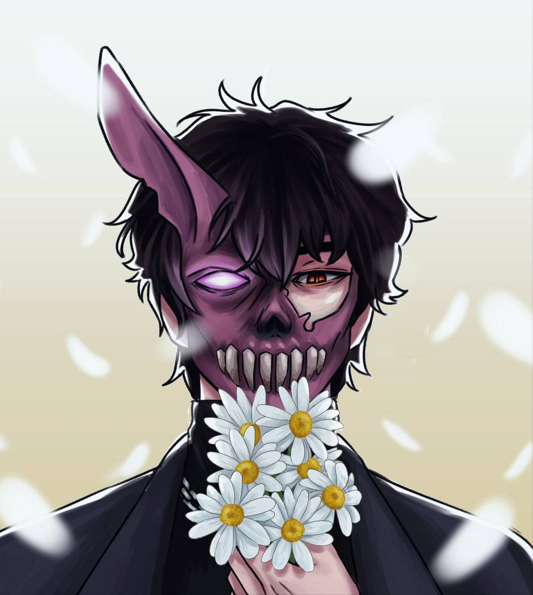 Corpse 桌布 壁紙 — 一個紫色皮膚、蝙蝠耳朵和骷髏臉的動漫角色，在柔和的米色背景上拿著一束雛菊，花瓣飄落。