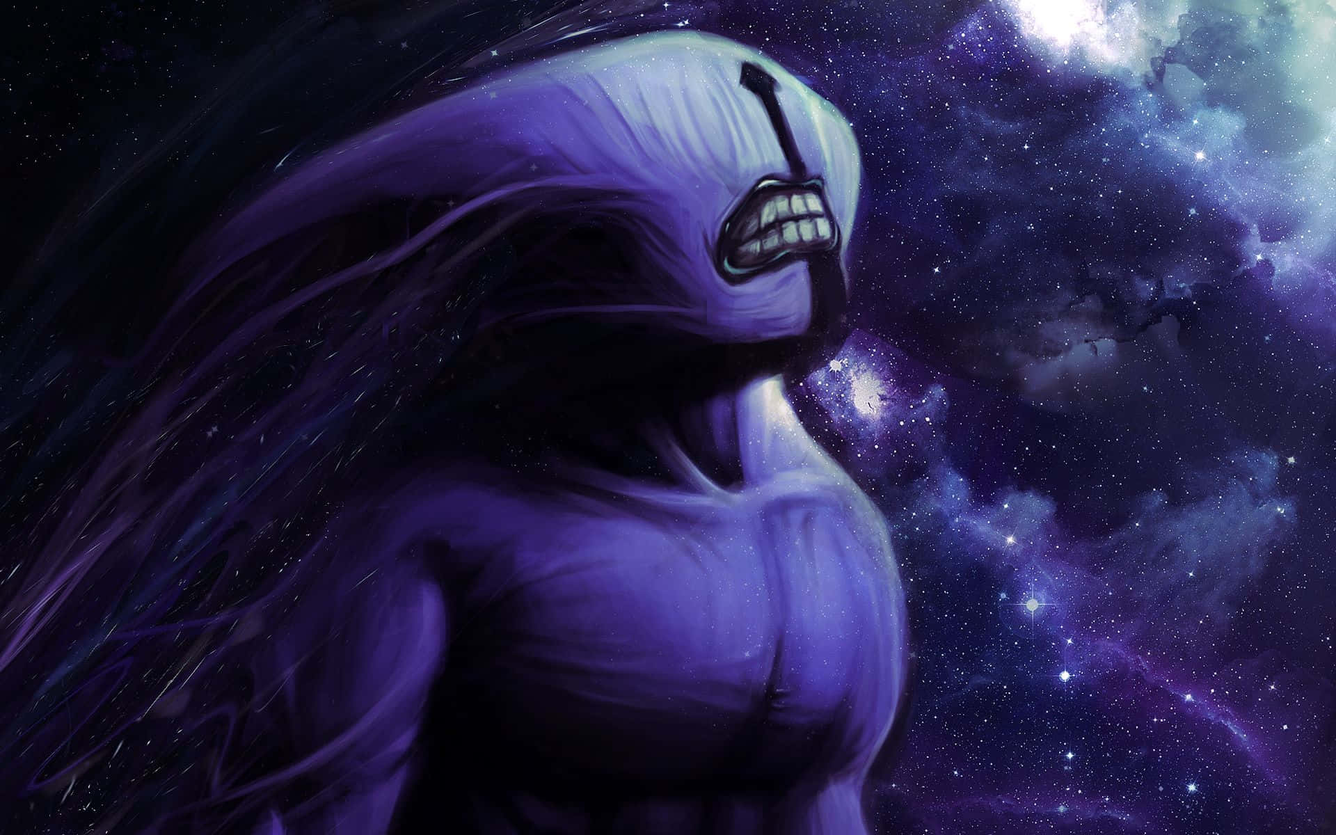 Faceless Void 桌布 壁紙 — 一個紫色皮膚、長頭髮、露出牙齒笑容的宇宙實體，站在紫色和藍色漩渦星空的背景前。