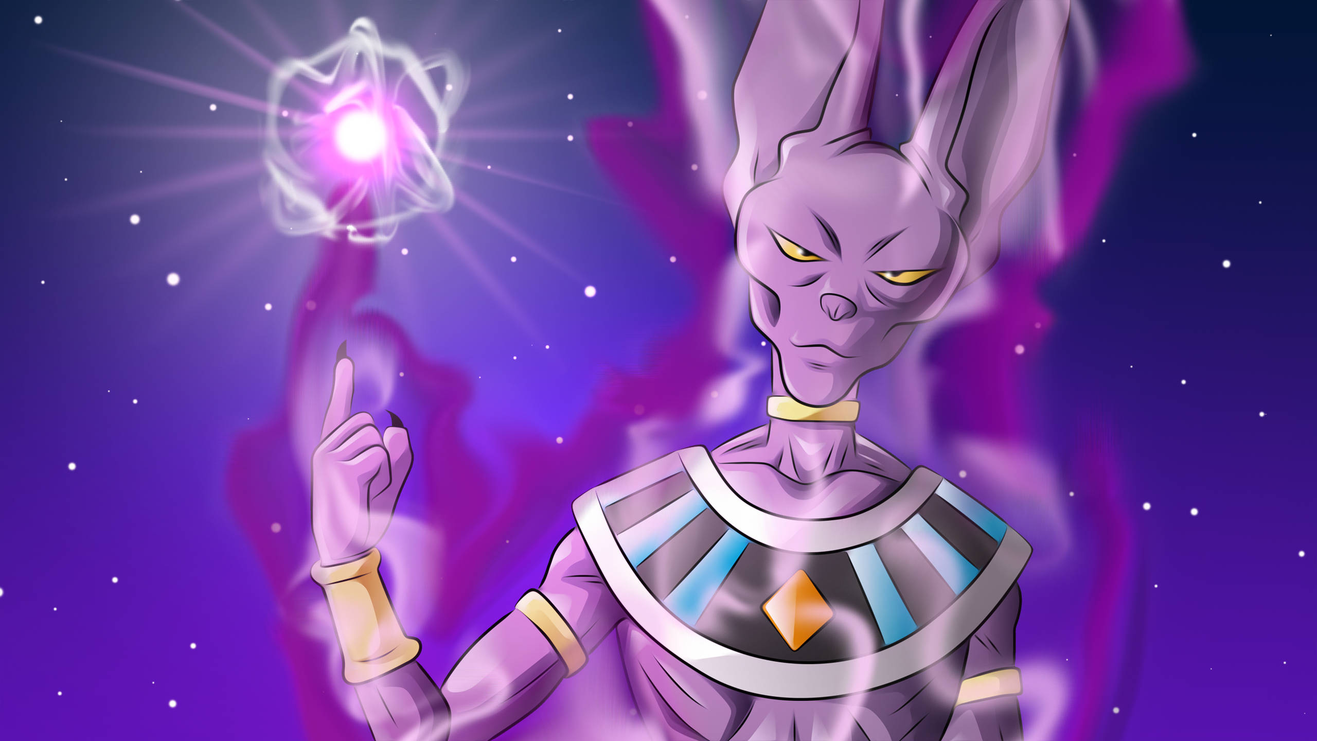 Beerus 桌布 壁紙 — 一個紫色皮膚、黃色發光眼睛的動漫角色，在佈滿星星的紫色虛空中引導宇宙能量。