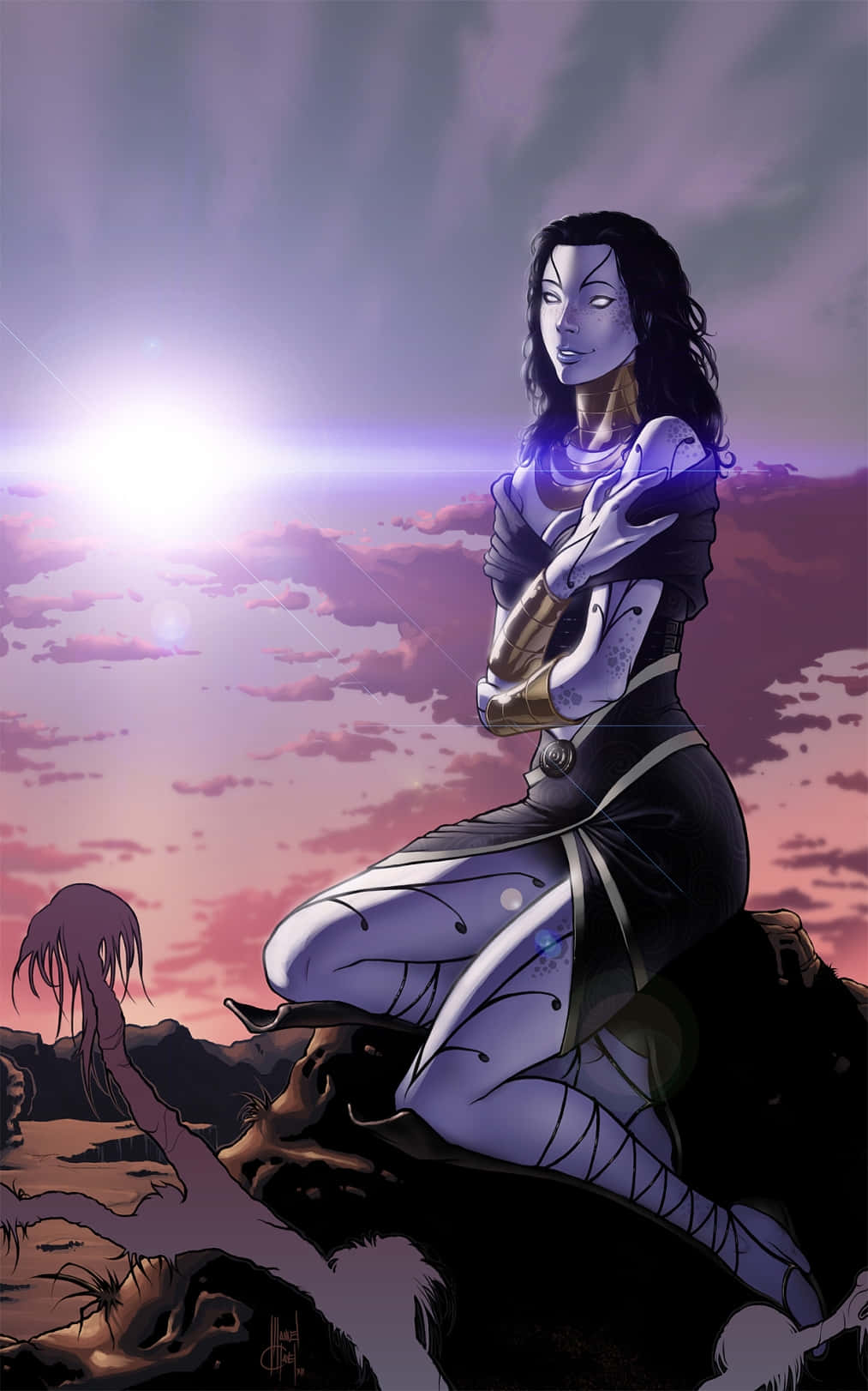 Tali'zorah 桌布 壁紙 — 一個紫色皮膚的動漫女性穿著未來風格的盔甲，坐在岩石露頭上，背景是發光的日落天空。