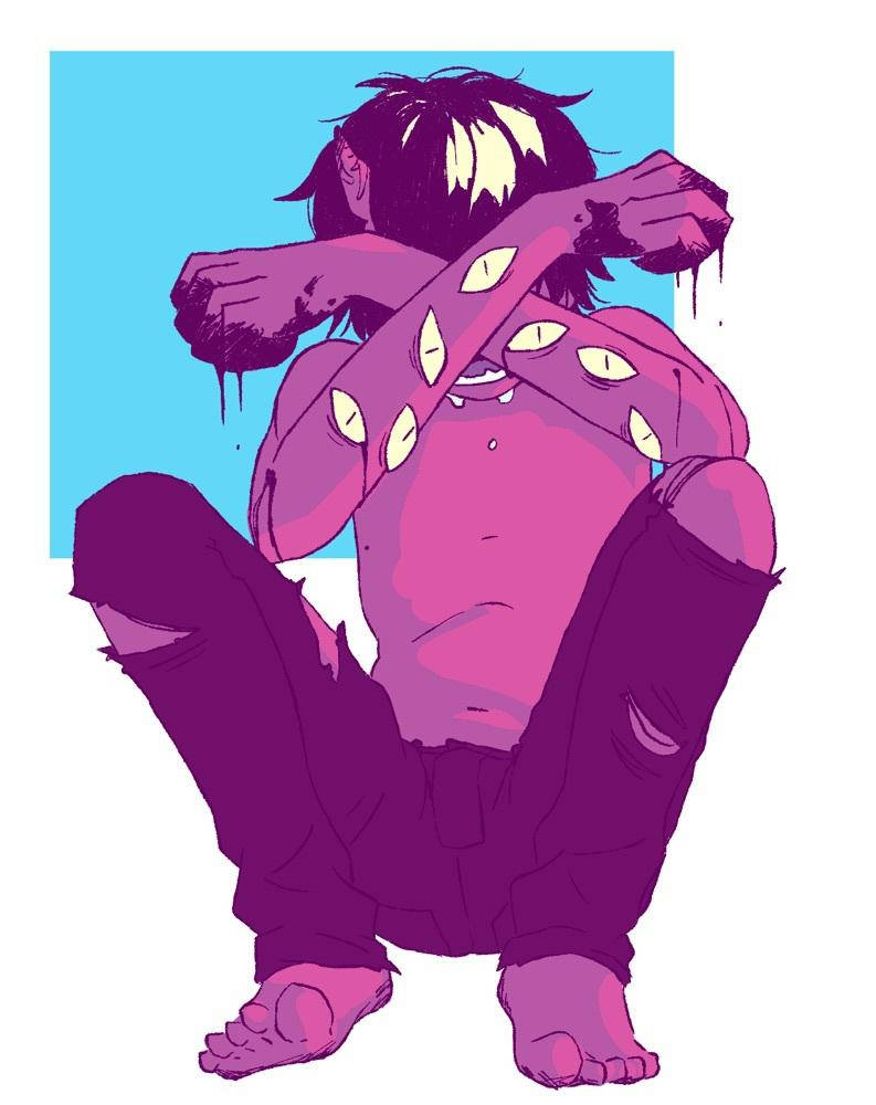 Pastel Gore 桌布 壁紙 — 一個紫色皮膚的動漫角色，眼睛發光，四肢滴落，蹲在青色背景前。