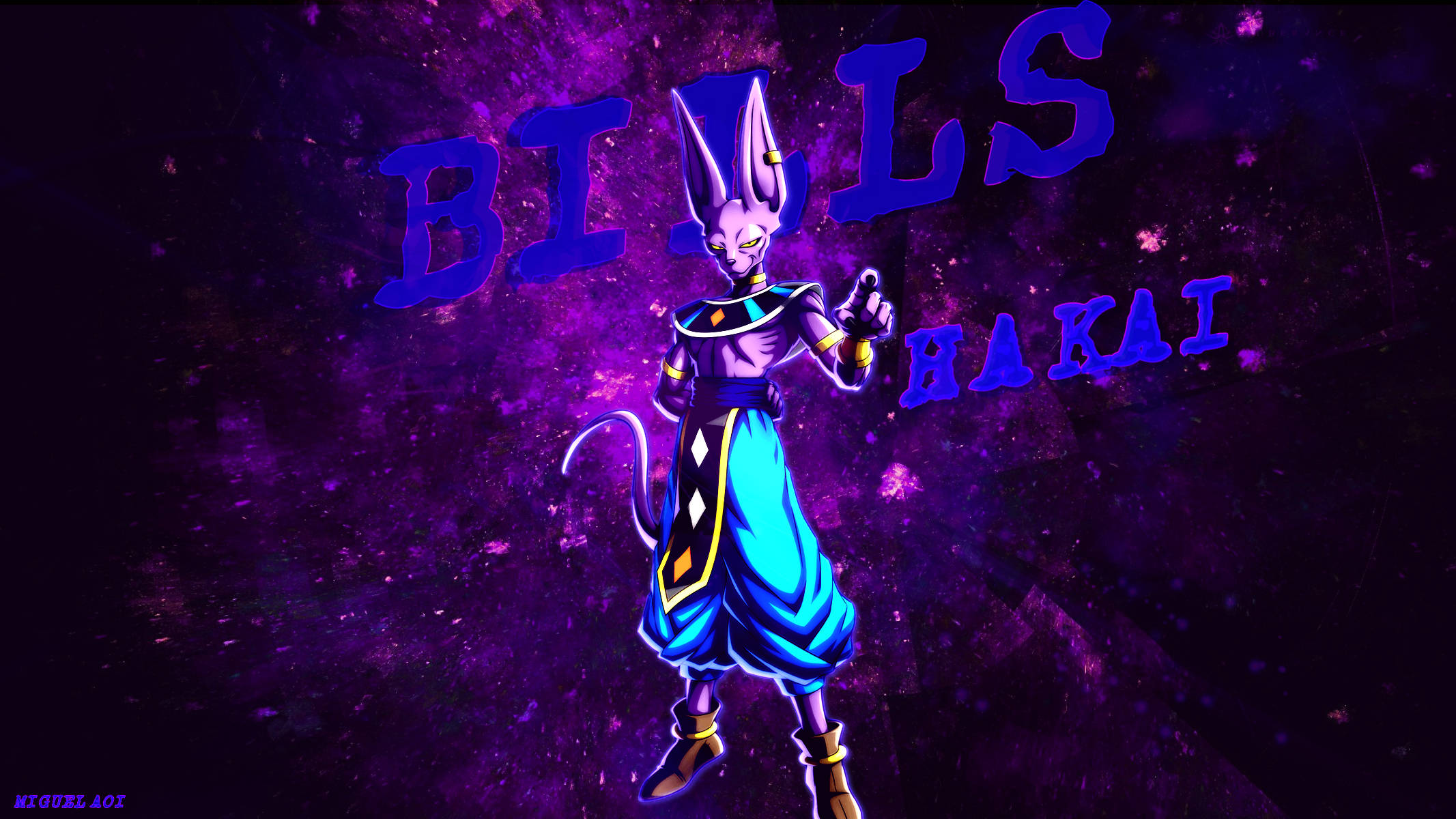 Beerus 桌布 壁紙 — 一個紫色皮膚的動漫角色，長著兔耳和藍色褲子，在帶有發光文字的宇宙紫色背景前動態站立。