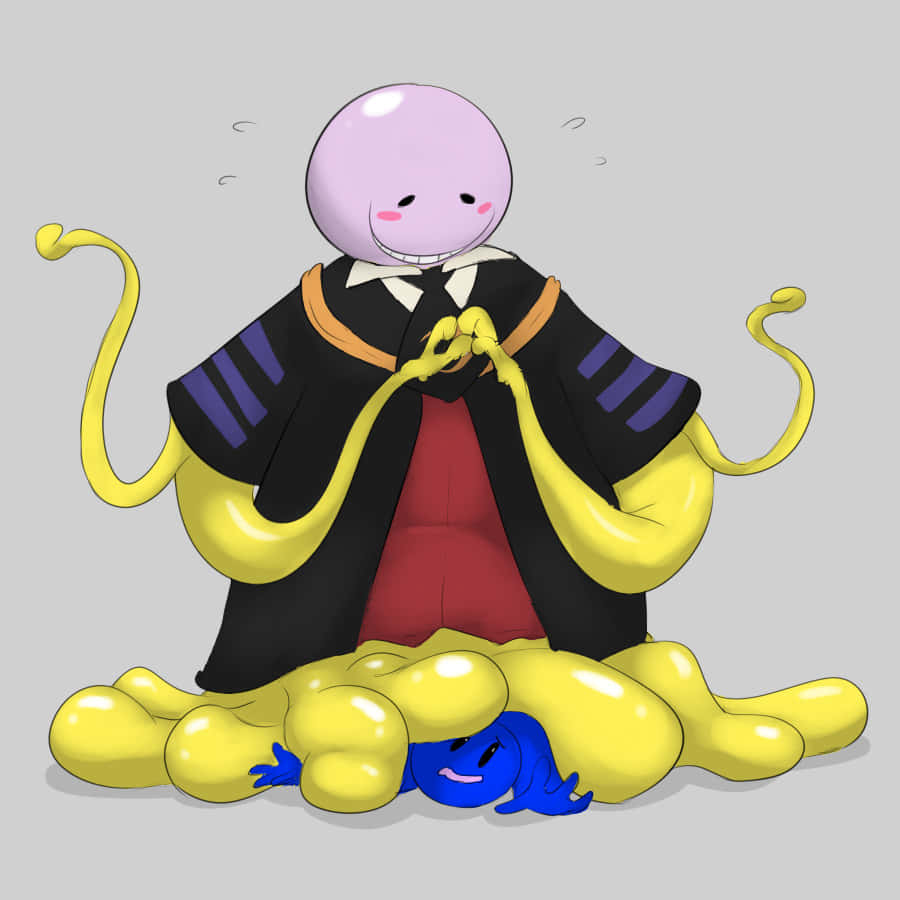Koro Sensei 桌布 壁紙 — 一個紫色皮膚的動漫角色穿著黑色長袍，坐在一團黃色黏稠物上，該黏稠物正窒息著一個藍色生物。
