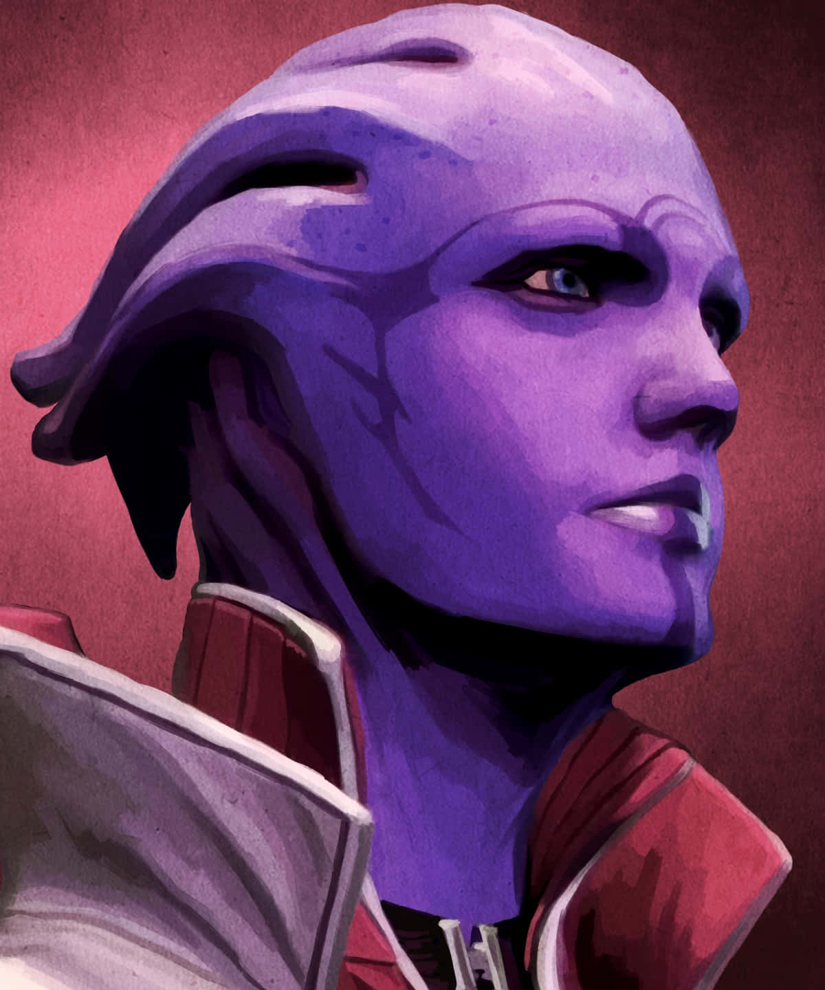 Aria T'loak 桌布 壁紙 — 一個紫色皮膚的外星人，頭部有流動的脊狀突起，在深紅色背景前若有所思地凝視著。