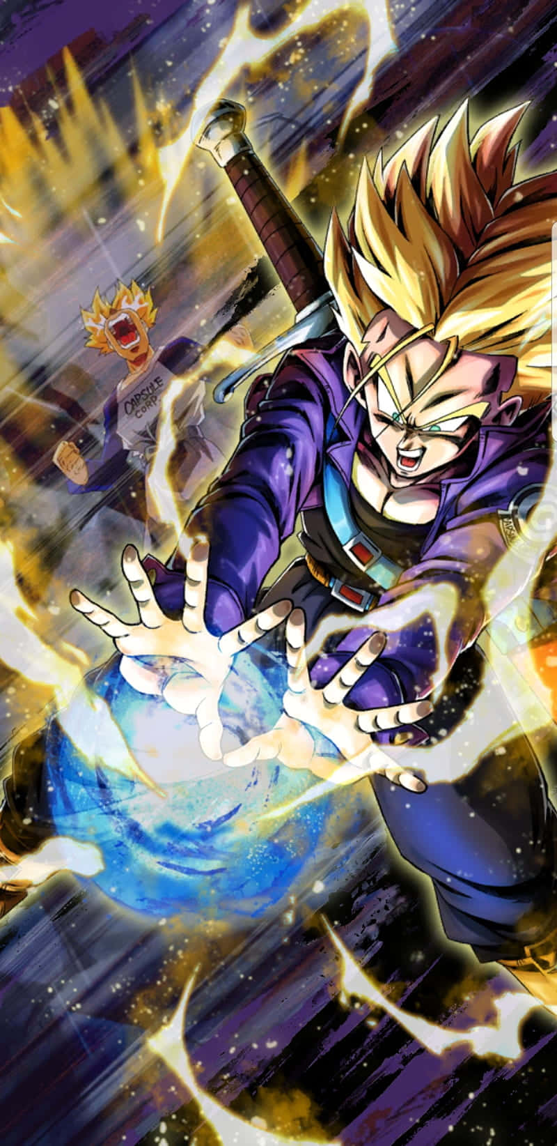 Dragon Ball Z Trunks 桌布 壁紙 — 一個紫色盔甲、刺蝟頭的動漫戰士，正在引導一個帶有閃電的藍色能量球。