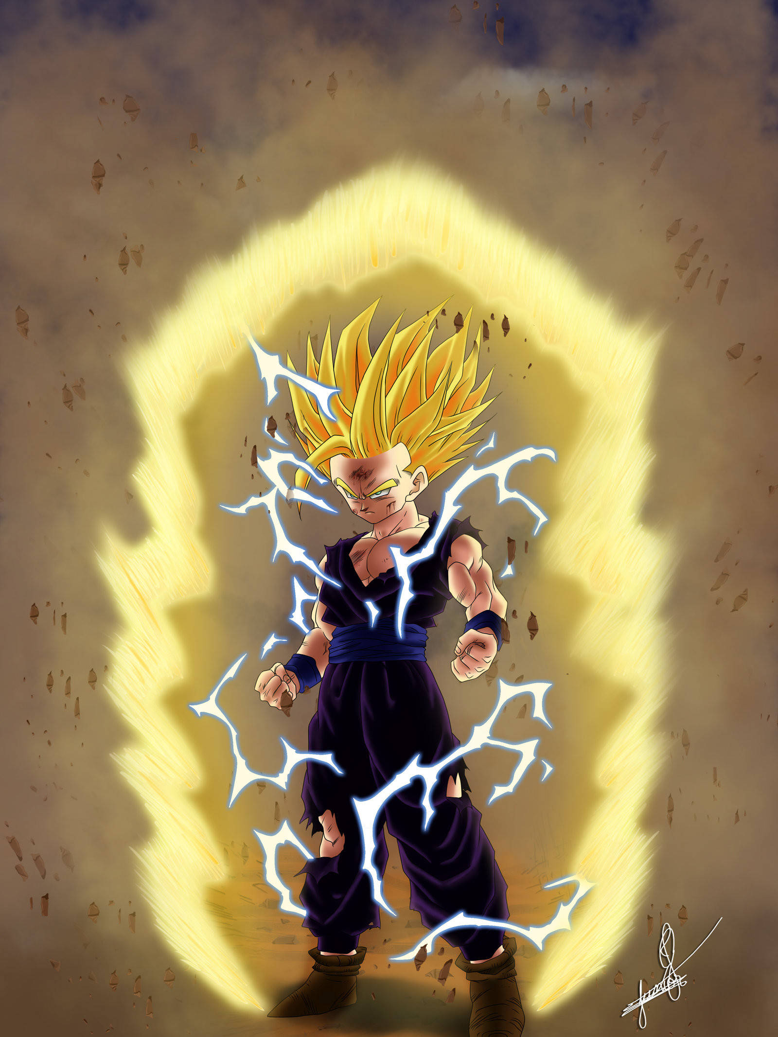 Gohan 桌布 壁紙 — 一個紫色盔甲、尖刺頭髮的動漫戰士，在煙霧繚繞的背景中散發出電光藍色的能量，周圍環繞著發光的金色光環。