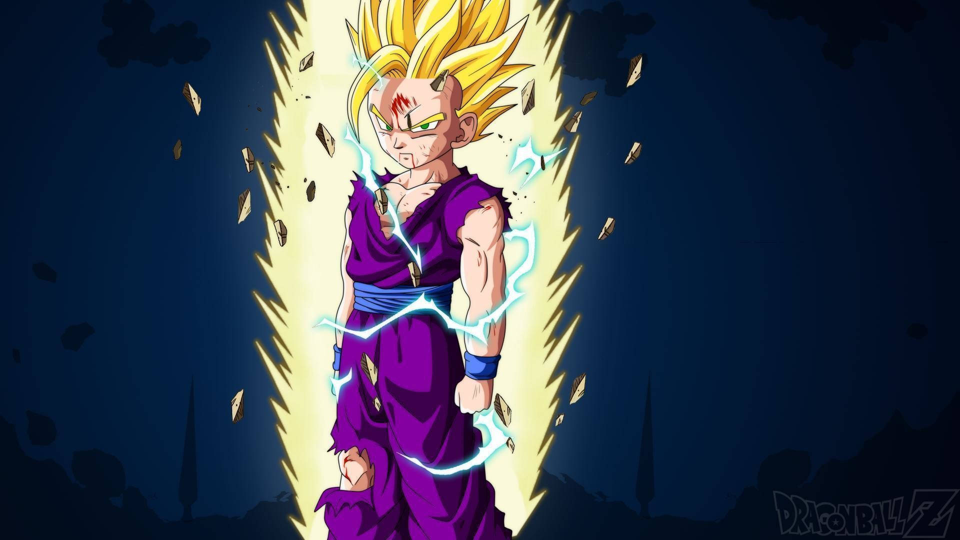 Gohan 桌布 壁紙 — 一個紫色盔甲、頭髮尖刺的動漫戰士，在黑暗夜空下散發電能，周圍有墜落的碎片。