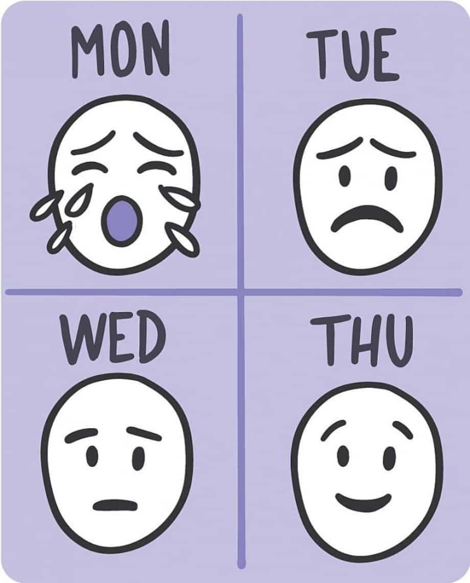 mood 桌布 壁紙 — 一個紫色網格顯示卡通面孔對工作日的反應，星期一哭泣，星期二悲傷，星期三無聊，星期四微笑。