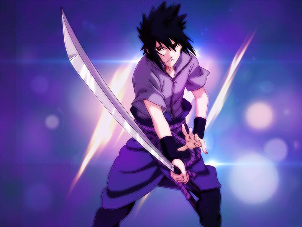 Sasuke 桌布 壁紙 — 一個紫色裝備、刺蝟頭的動漫戰士，在充滿活力的紫色和藍色散景背景下握著一把發光的劍。