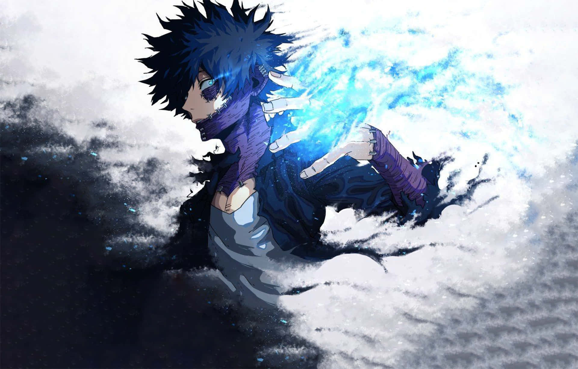 Dabi Boku No Hero 桌布 壁紙 — 一個紫色裝備、刺蝟頭的動漫男孩，在旋轉的白雲中透過雙手引導發光的藍色能量。