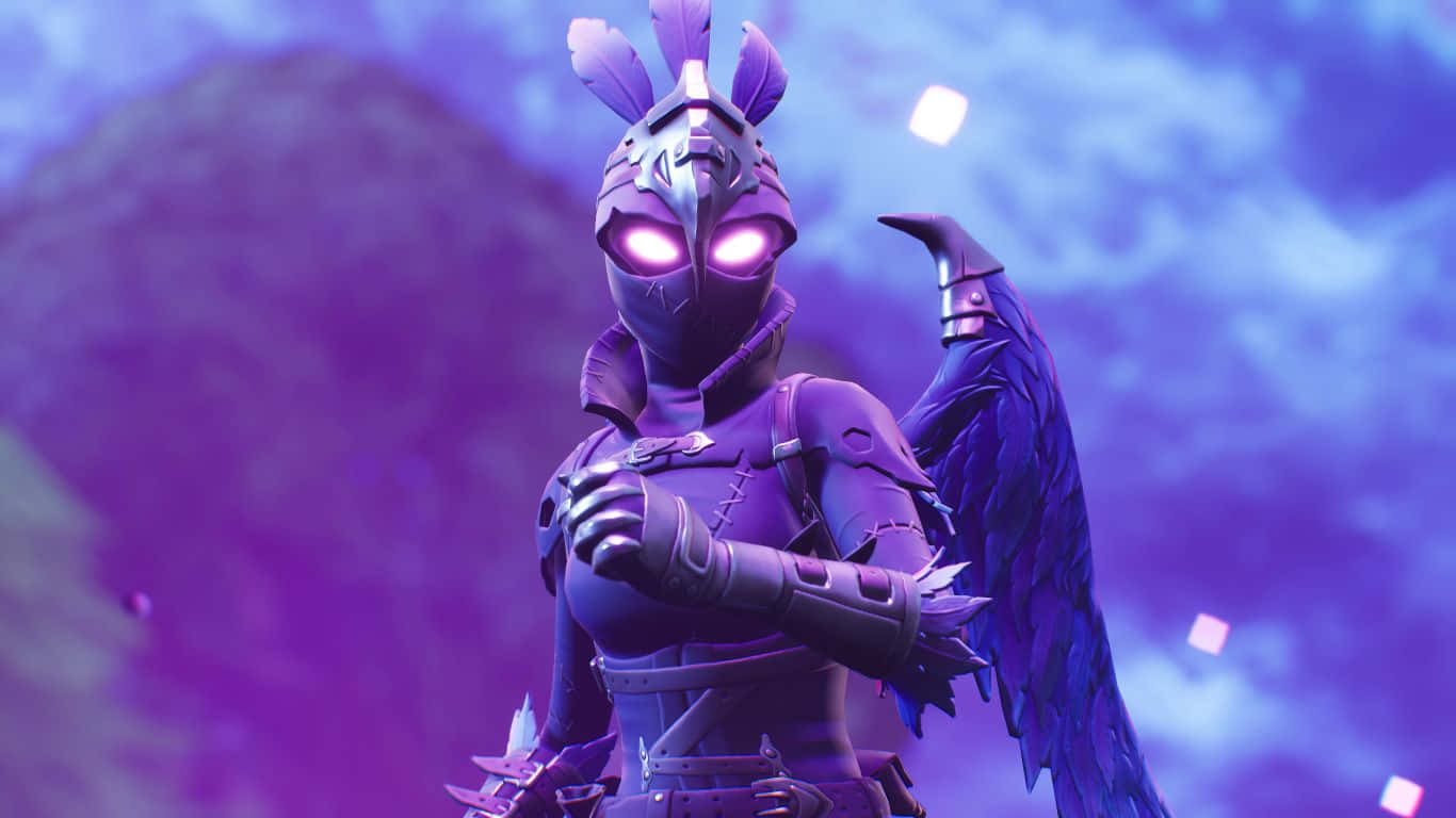 Fortnite Skins 桌布 壁紙 — 一個紫色裝甲角色，擁有發光的眼睛和羽毛翅膀，站在神秘的黃昏天空前。