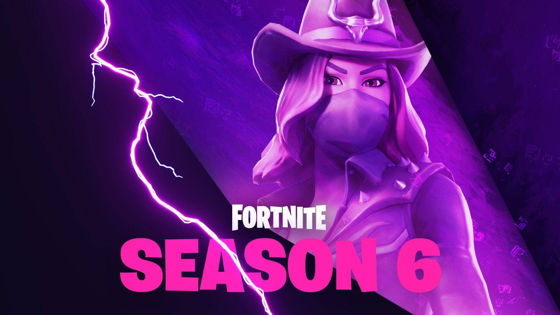 calamity fortnite 桌布 壁紙 — 一個紫色調的Fortnite角色戴著牛仔帽和面具，站在黑暗背景中發光的閃電旁邊。