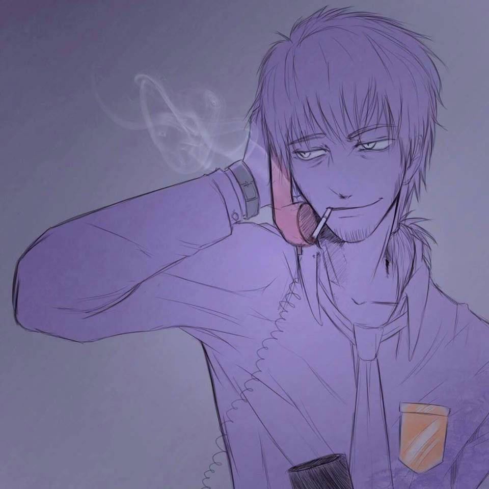 guy 桌布 壁紙 — 一個紫色調的動漫男人，懶洋洋地笑著，靠著手抽煙。