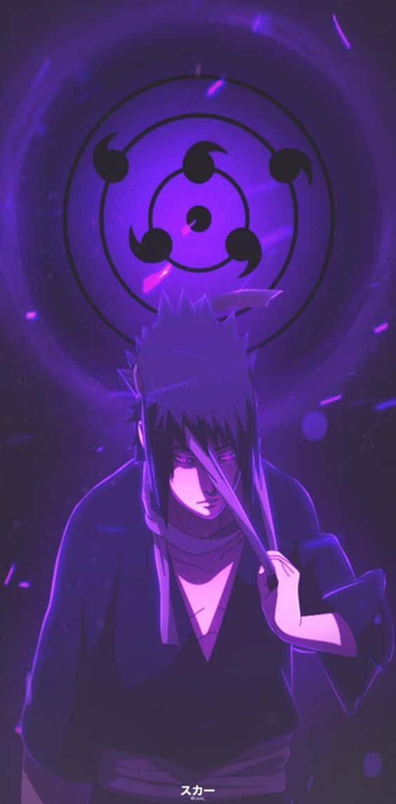 Purple Sasuke 桌布 壁紙 — 一個紫色調的動漫角色，有著尖刺頭髮，在發光的寫輪眼符號下握著一把刀。