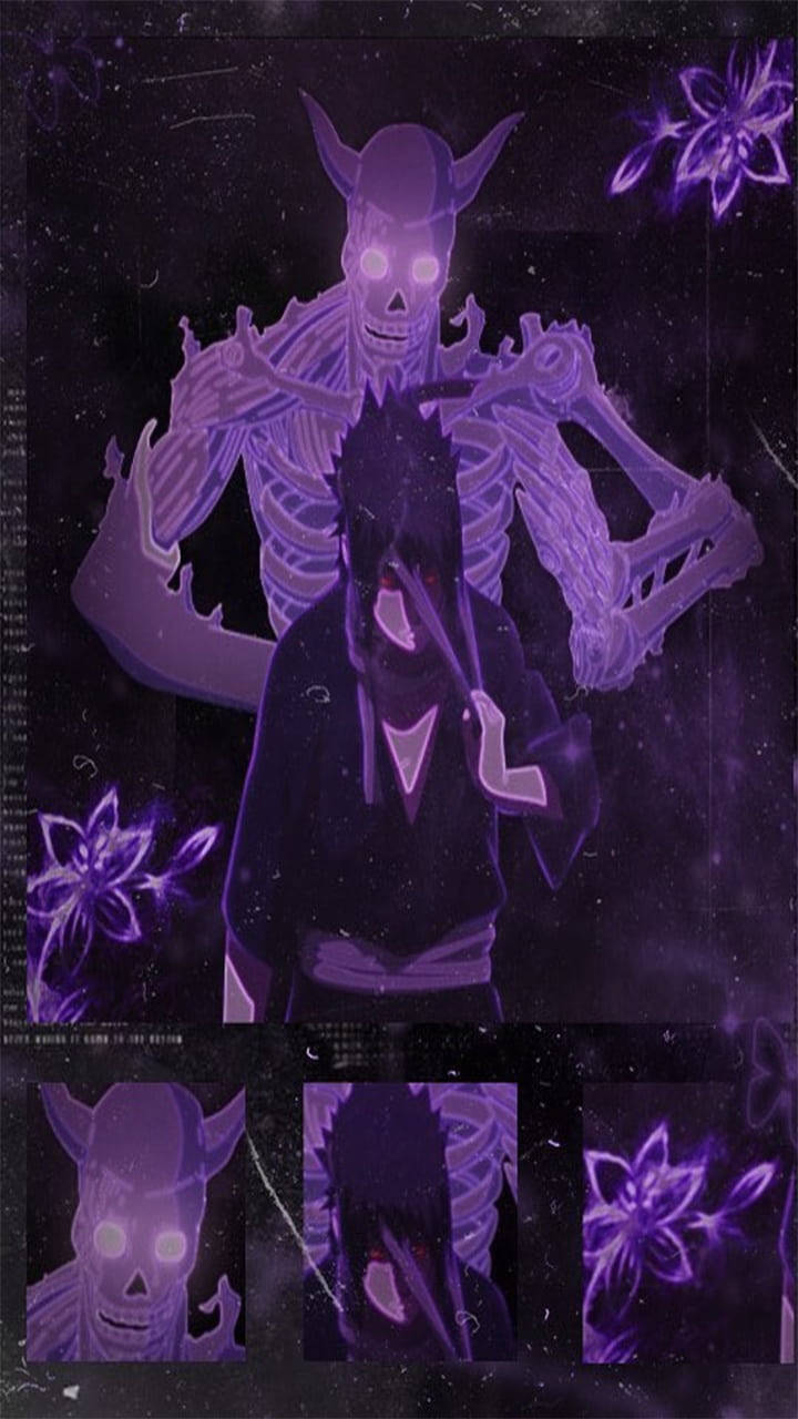 Sasuke Susanoo 桌布 壁紙 — 一個紫色調的動漫角色，雙眼發光，站在一個骷髏惡魔形象前，背景是繁星點點的夜空和飄浮的花朵。